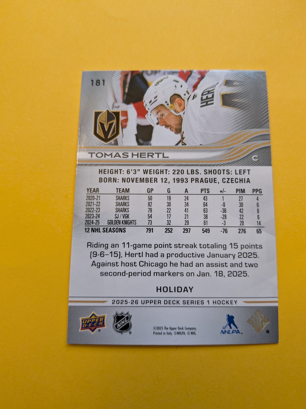 Tomas Hertl 25-26 Upper Deck Green Holiday Card