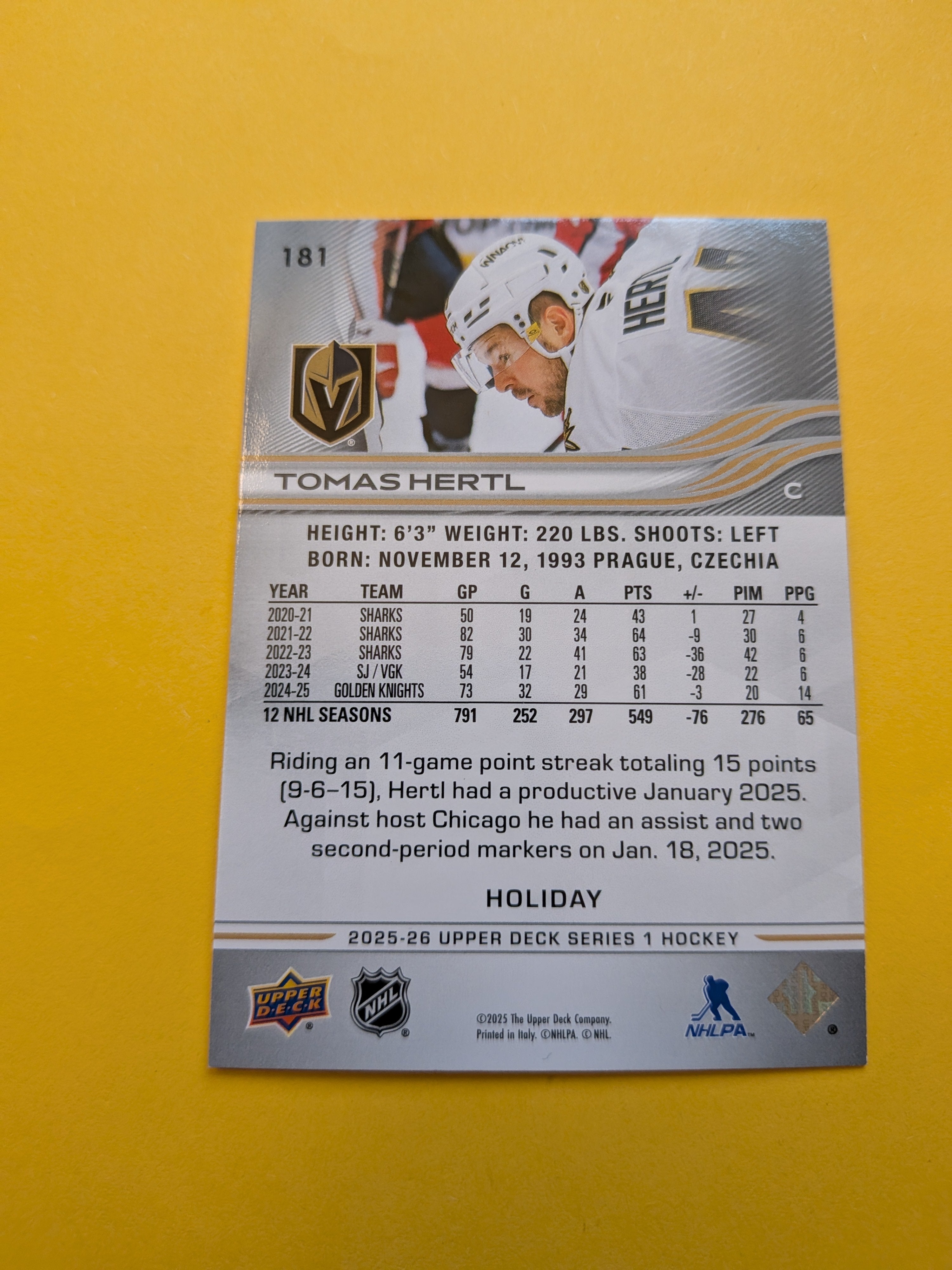 Tomas Hertl 25-26 Upper Deck Green Holiday Card