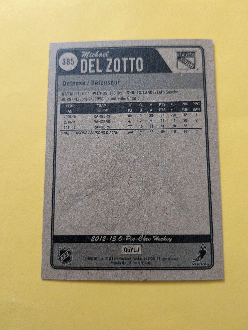 Michael Del Zotto Signed New York Rangers Card D