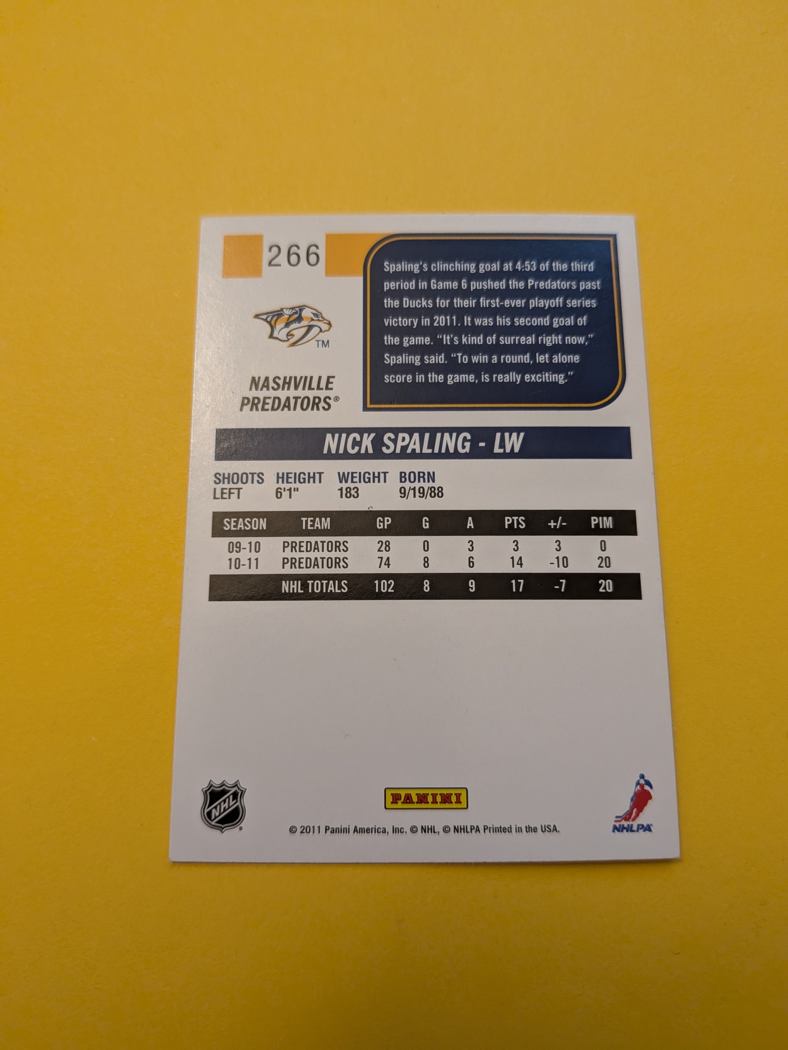 Nick Spaling Signed Nashville Predators Card A