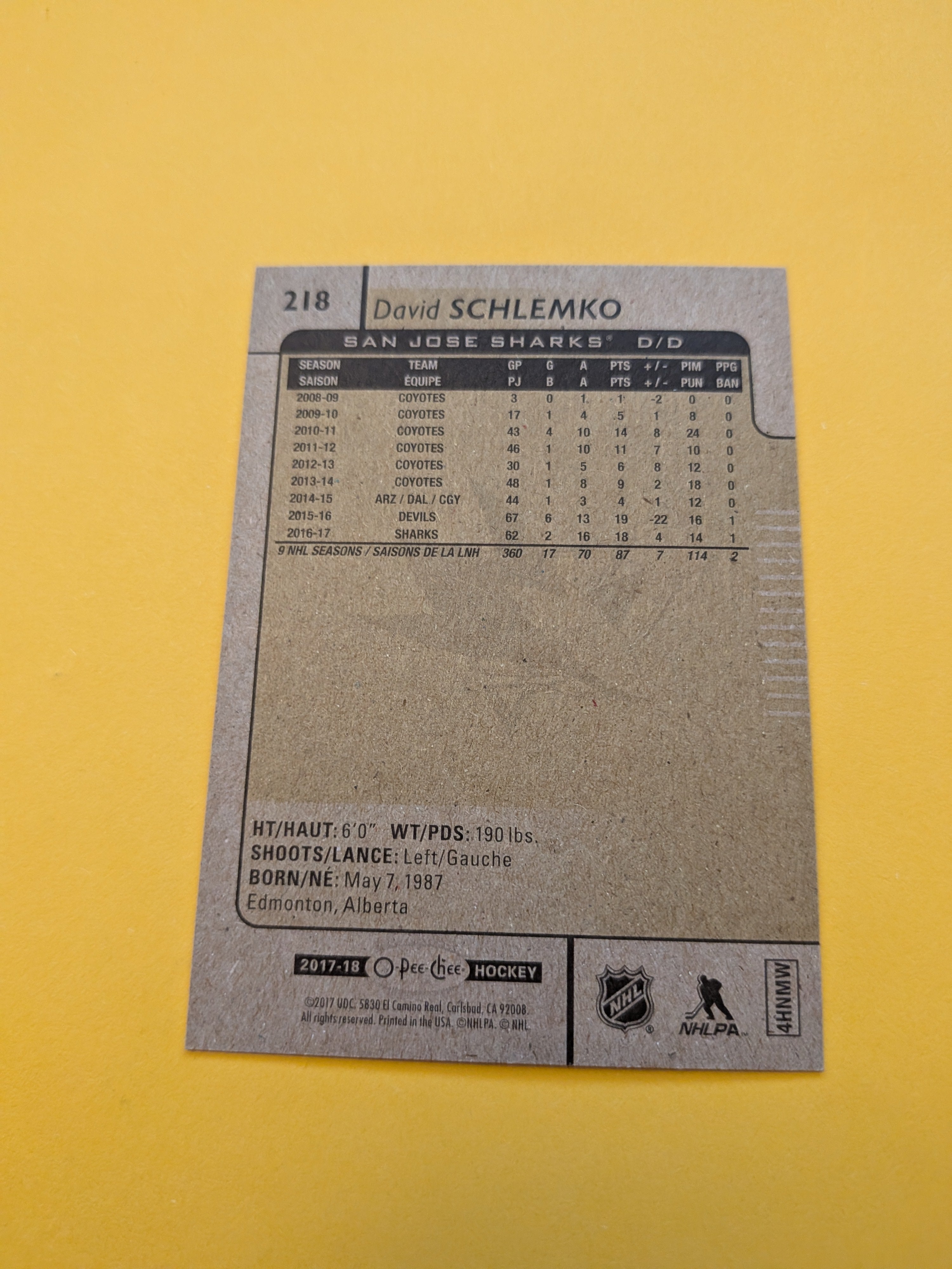 David Schlemko Signed San Jose Sharks Card A