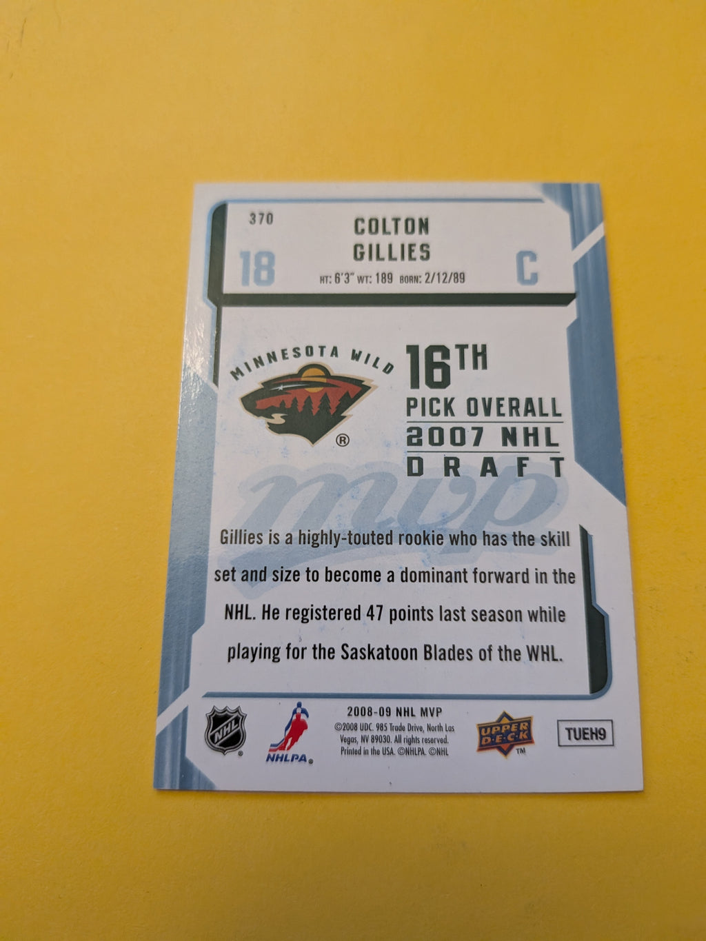 Colton Gillies Signed Minnesota Wild Rookie Card A