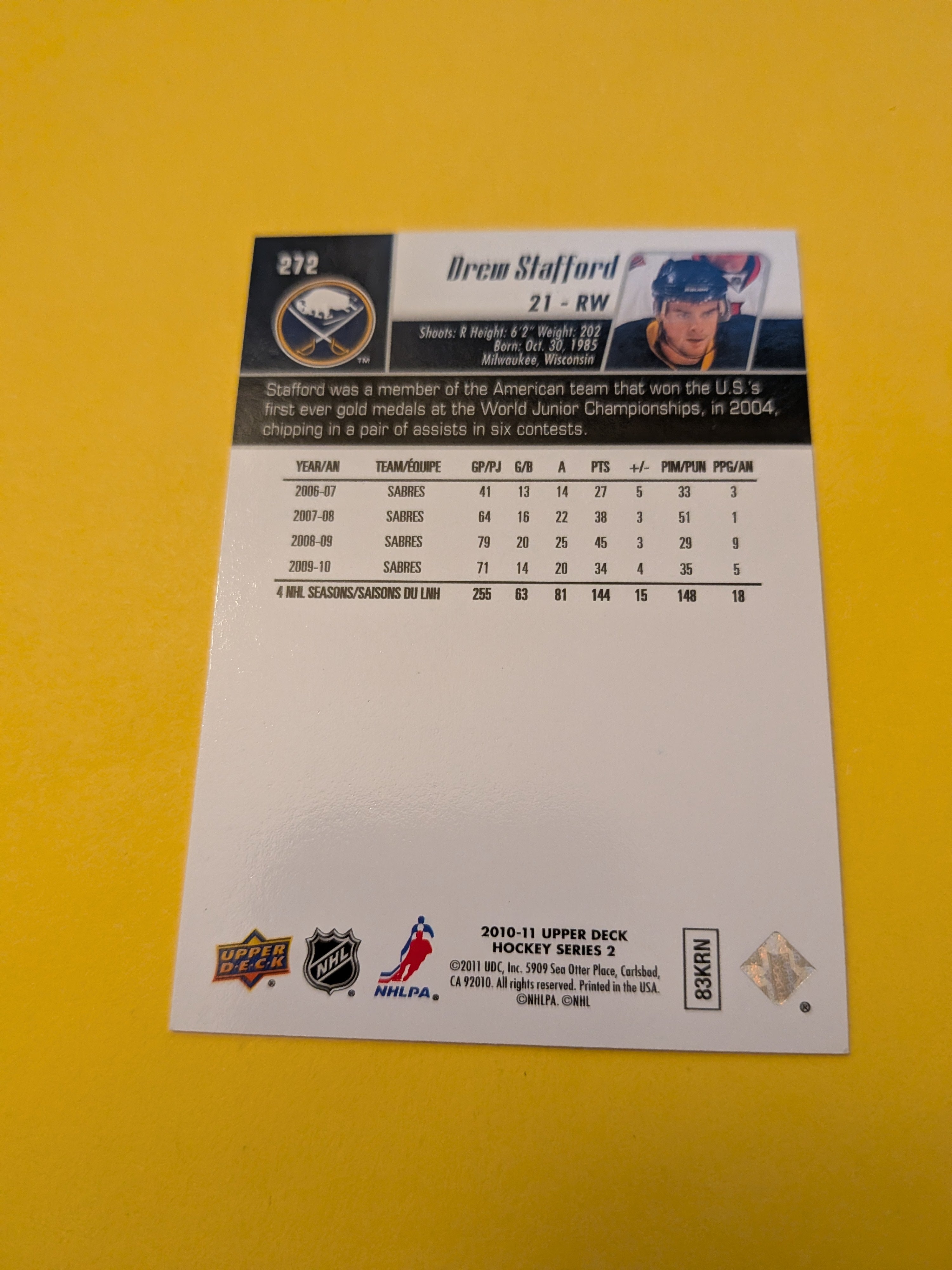 Drew Stafford Signed Buffalo Sabres Card H