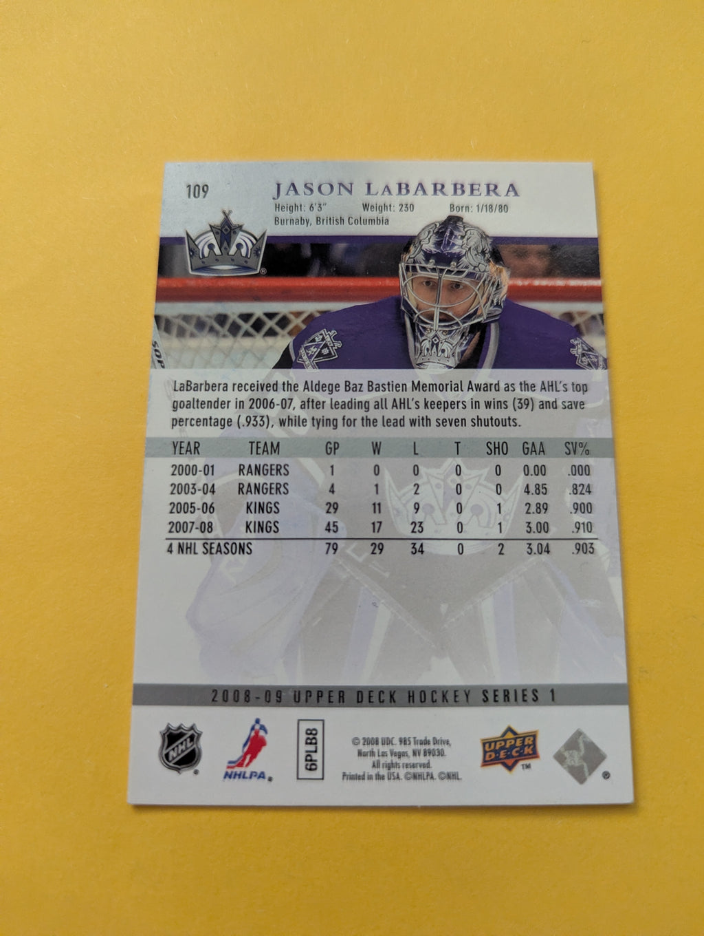 Jason LaBarbera Signed Los Angeles Kings Card