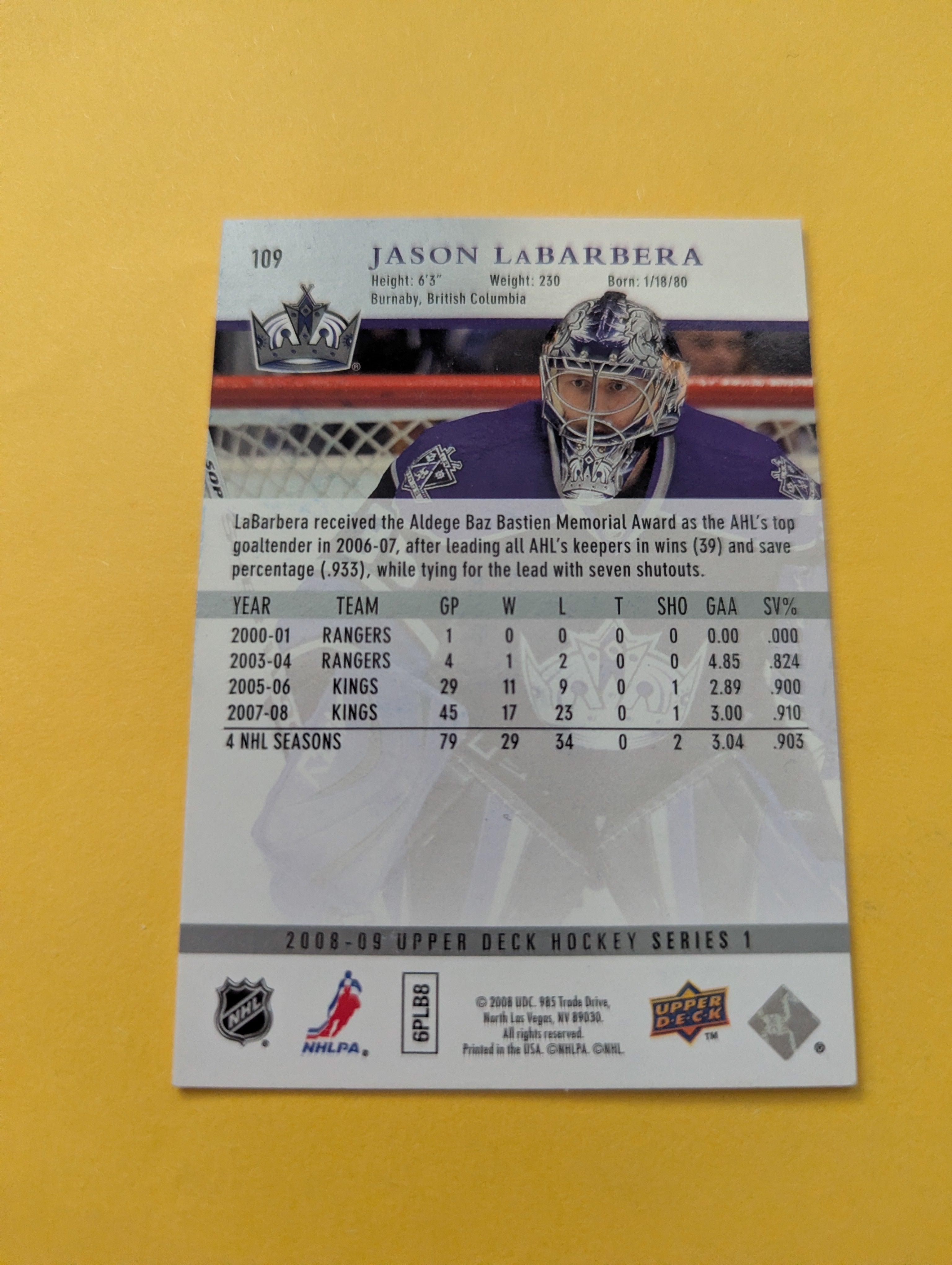 Jason LaBarbera Signed Los Angeles Kings Card