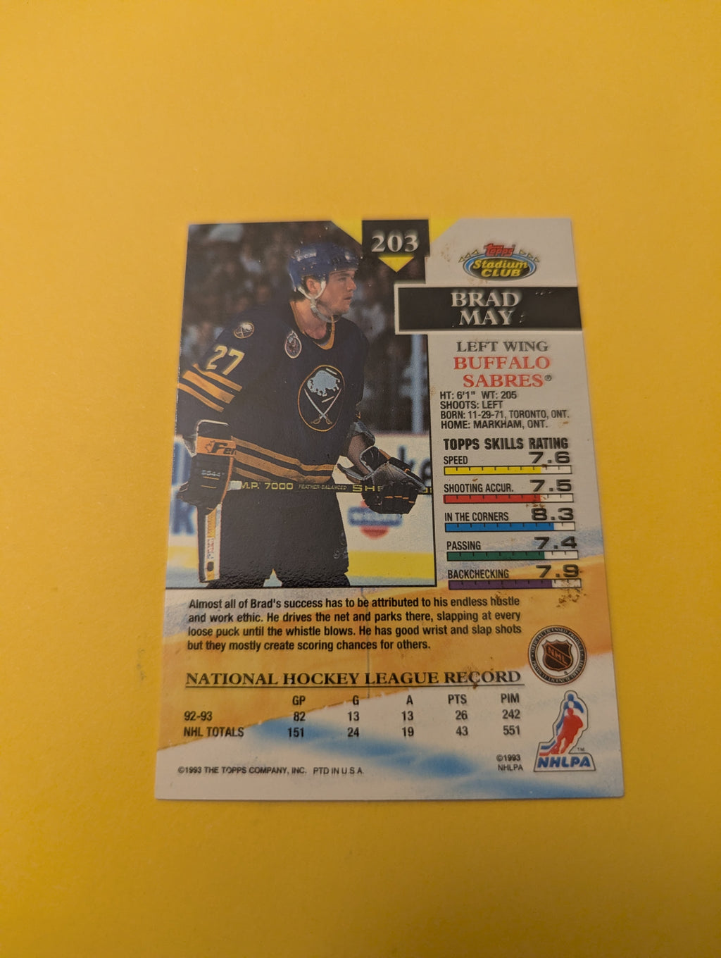 Brad May Signed Buffalo Sabres Card