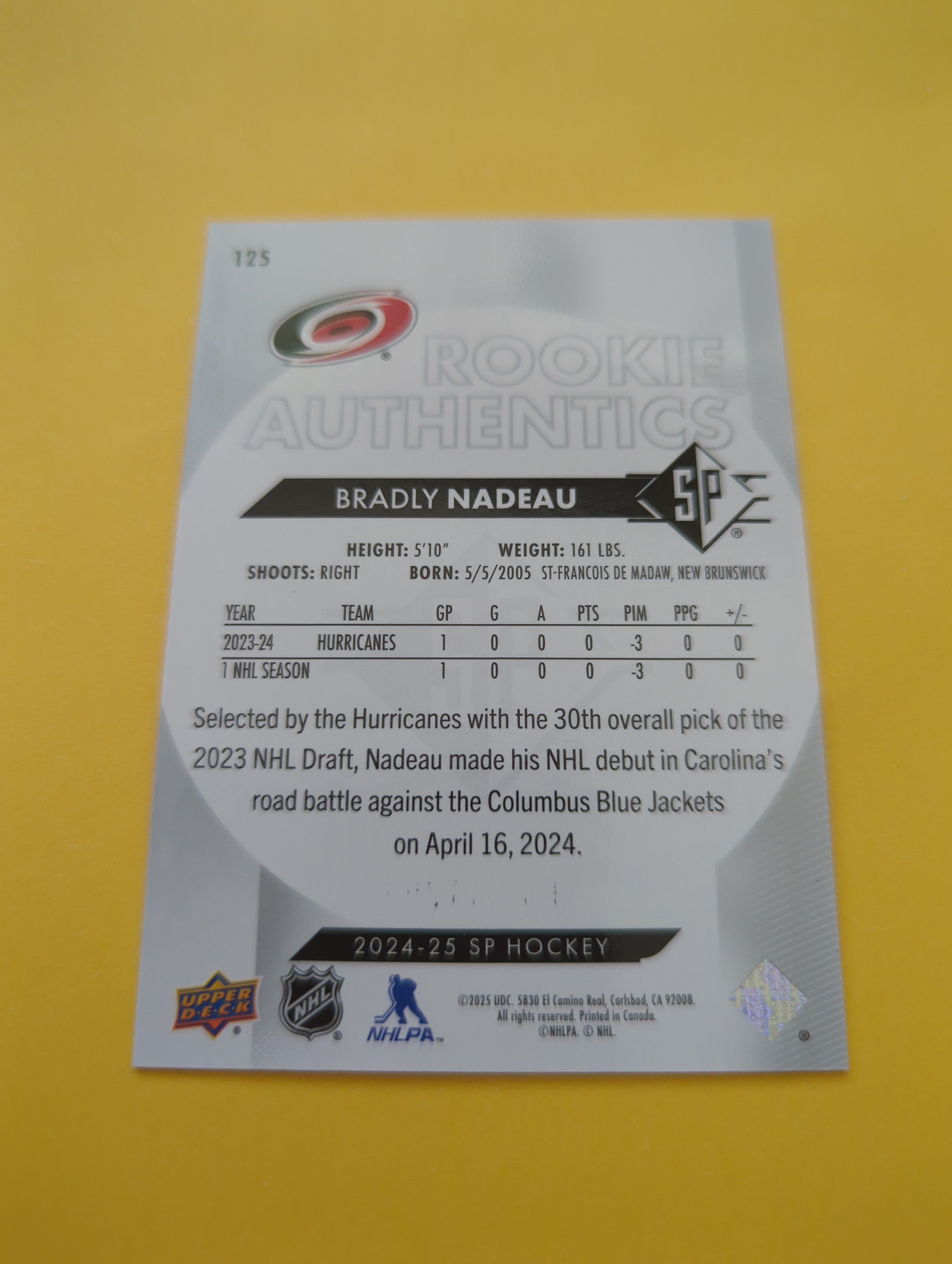 Bradley Nadeau 24-25 SP Authentics Rookie Card 0359/1299