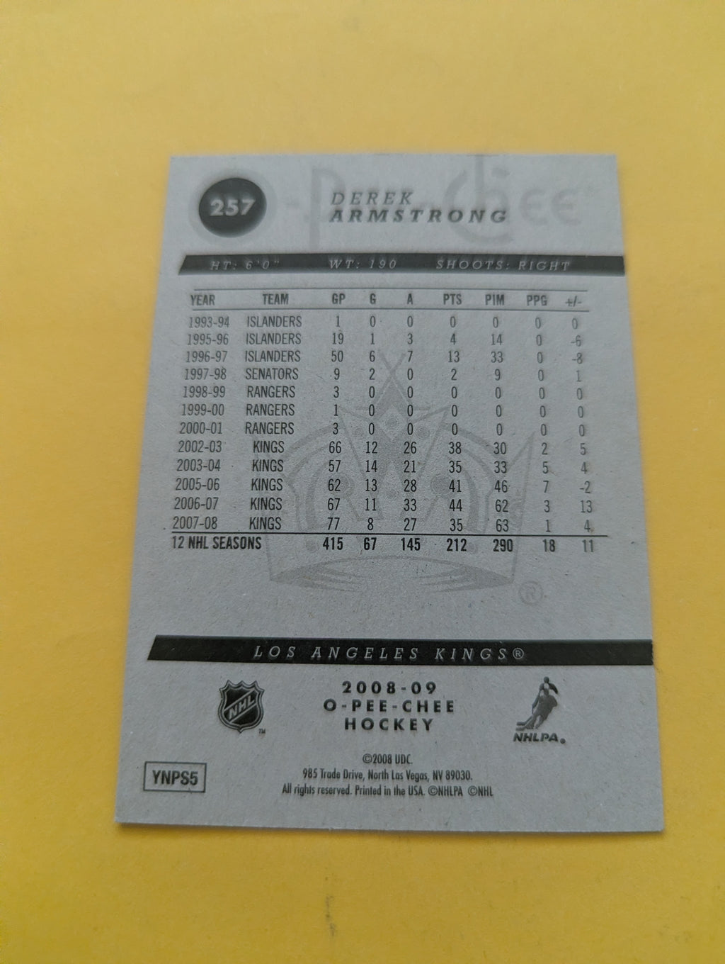 Derek Armstrong Signed Los Angeles Kings Card C