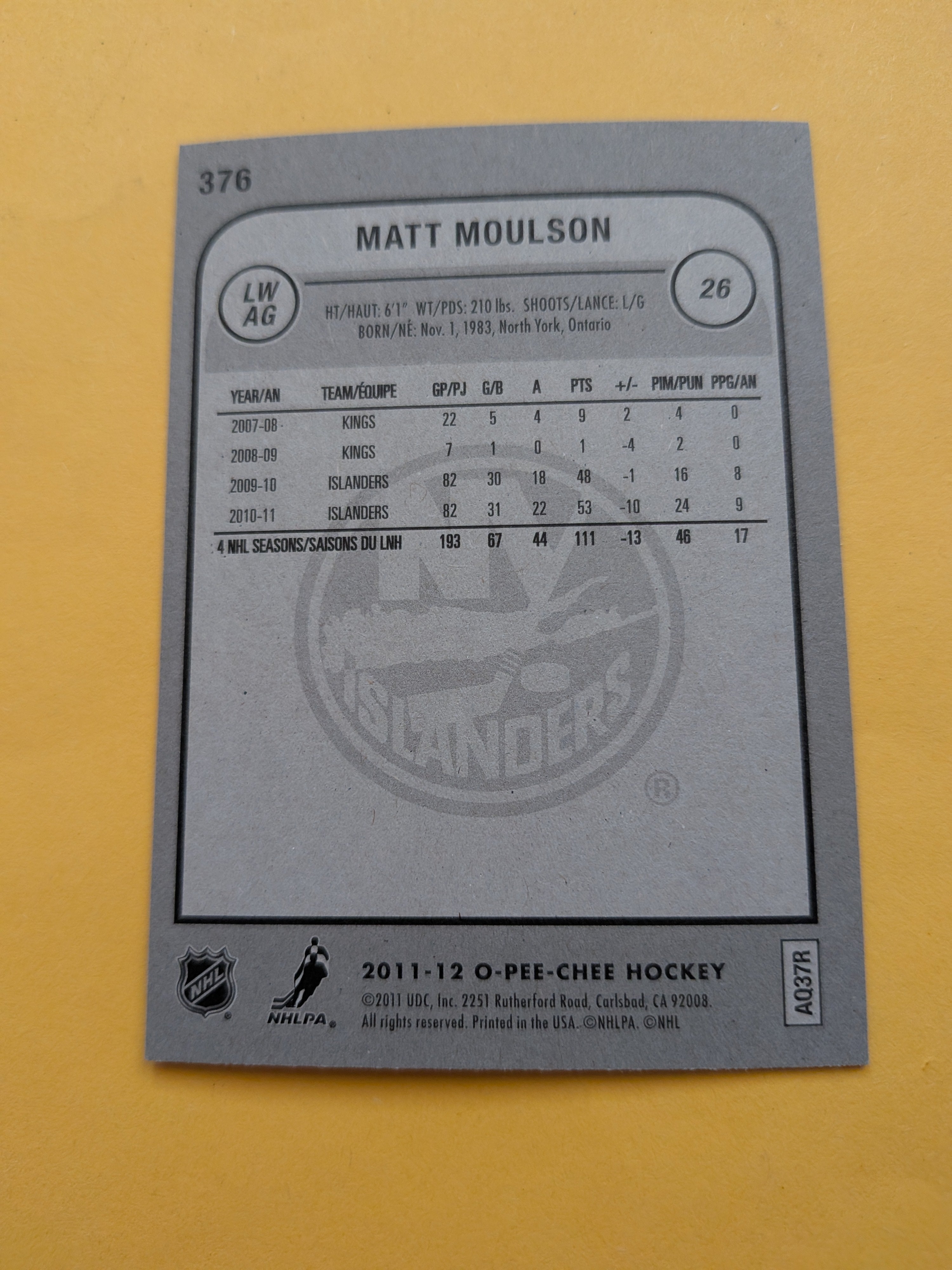 Matt Moulson Signed New York Islanders Card B