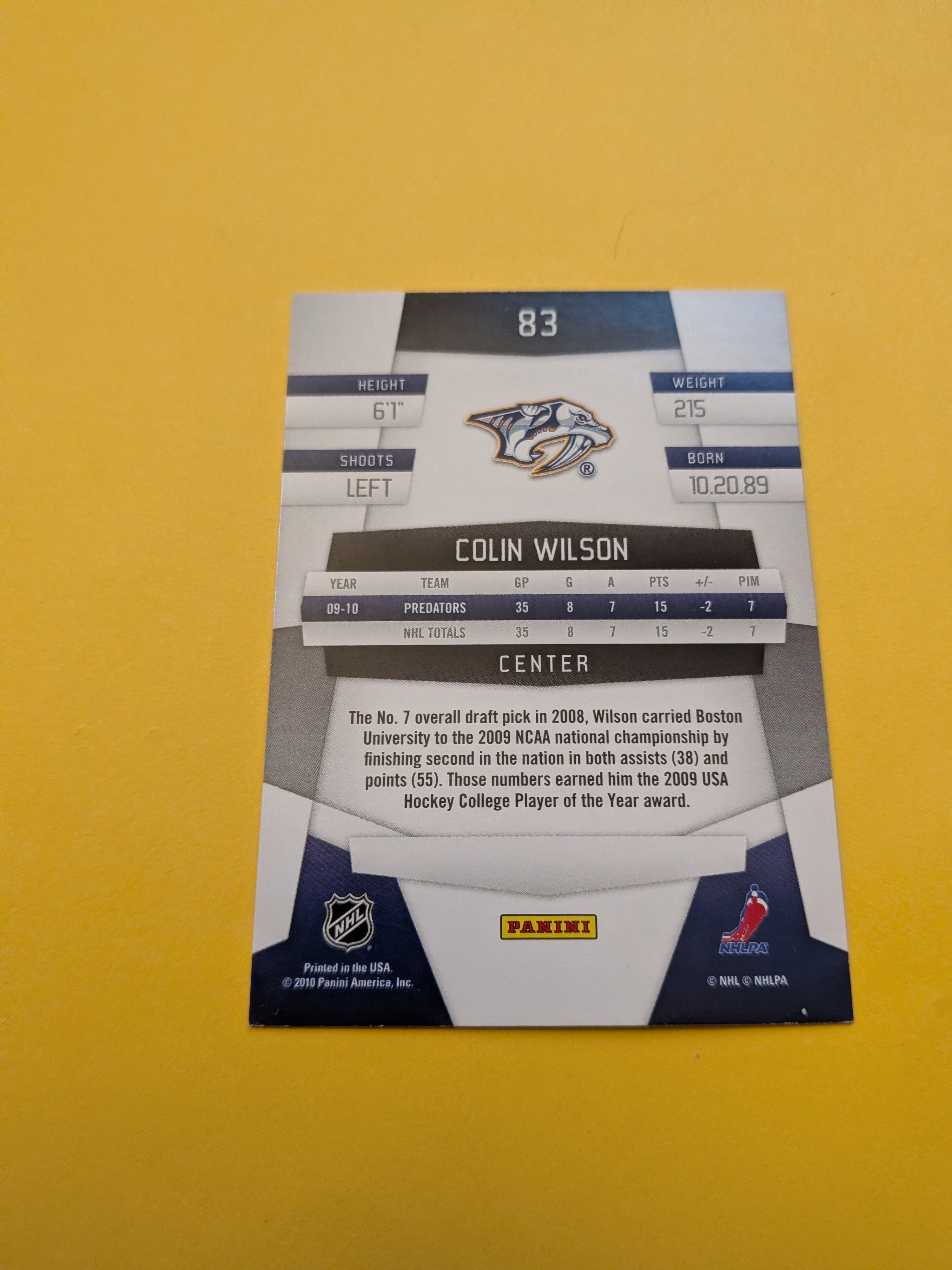 Colin Wilson Signed Nashville Predators Card A