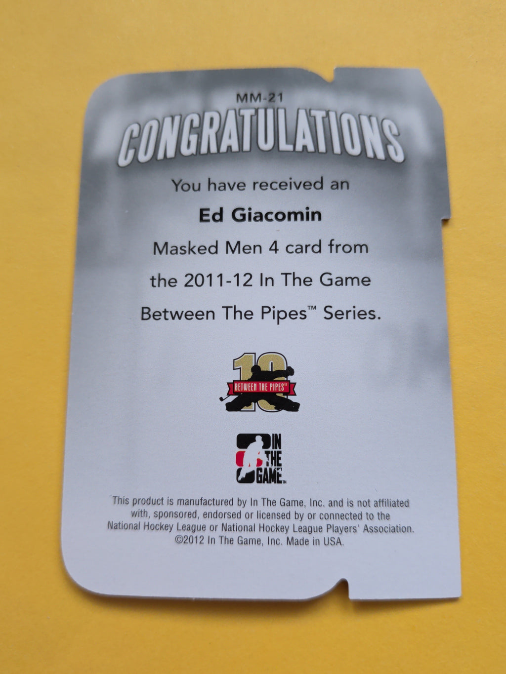 Ed Giacomin 11-12 ITG Between The Pipes Masked Men Card