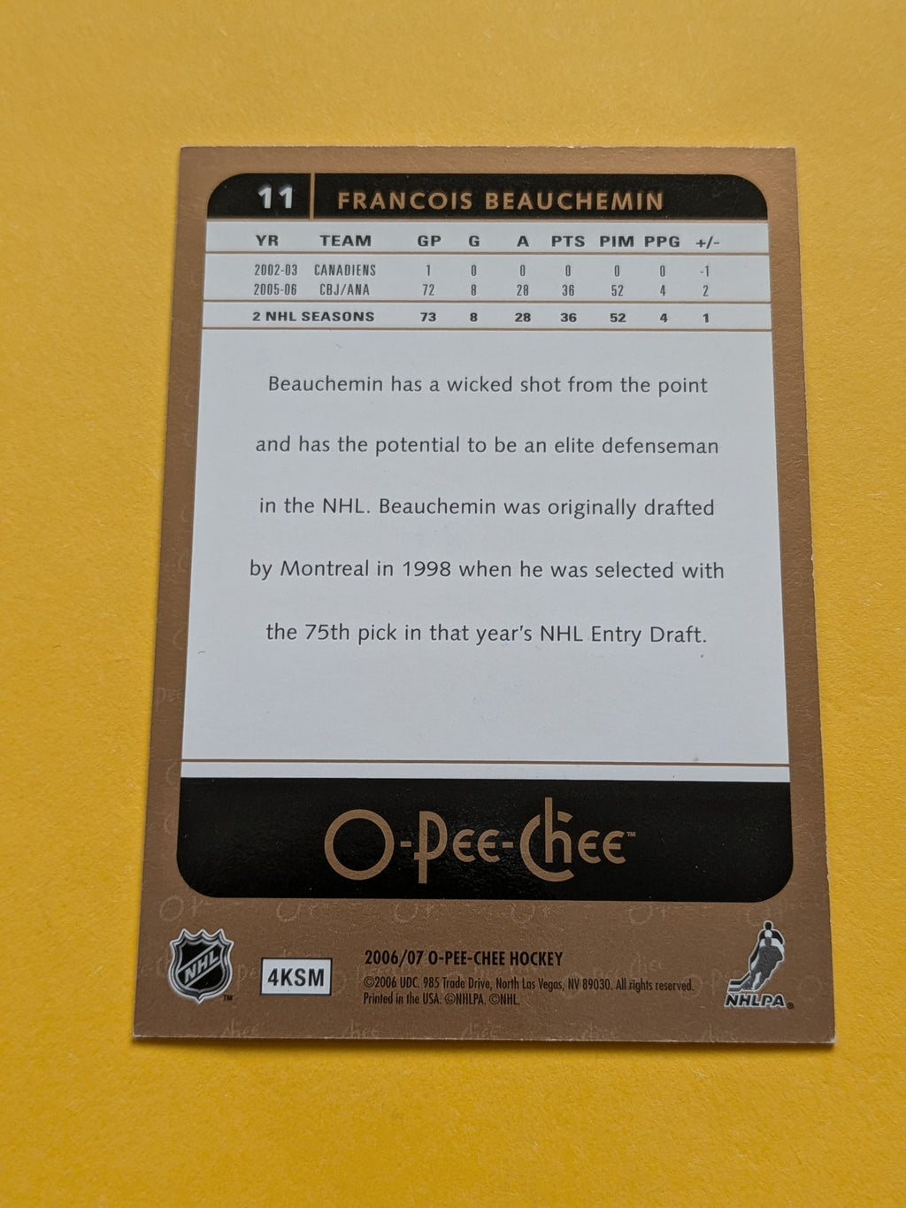 Francois Beauchemin Signed Anaheim Ducks Card A