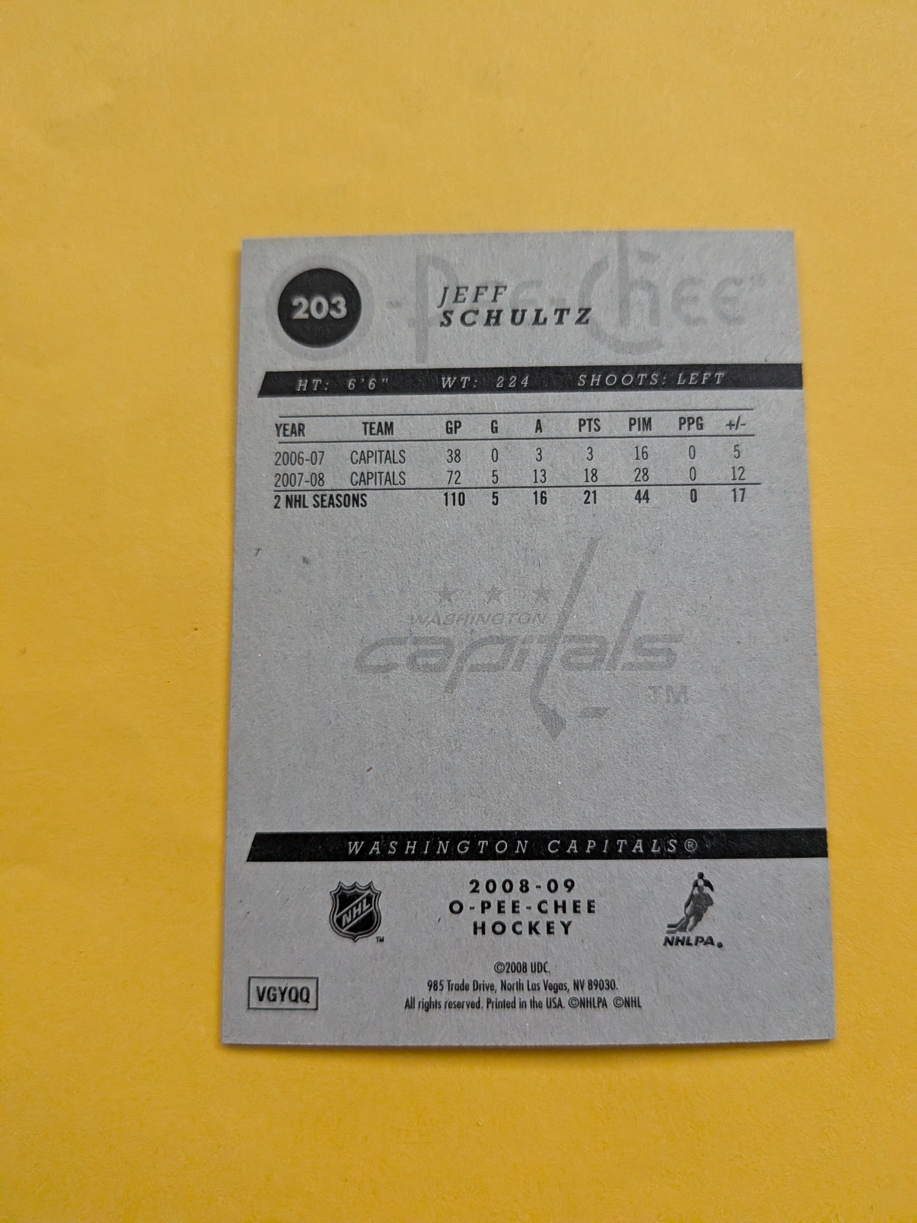 Jeff Schultz Signed Washington Capitals Card A