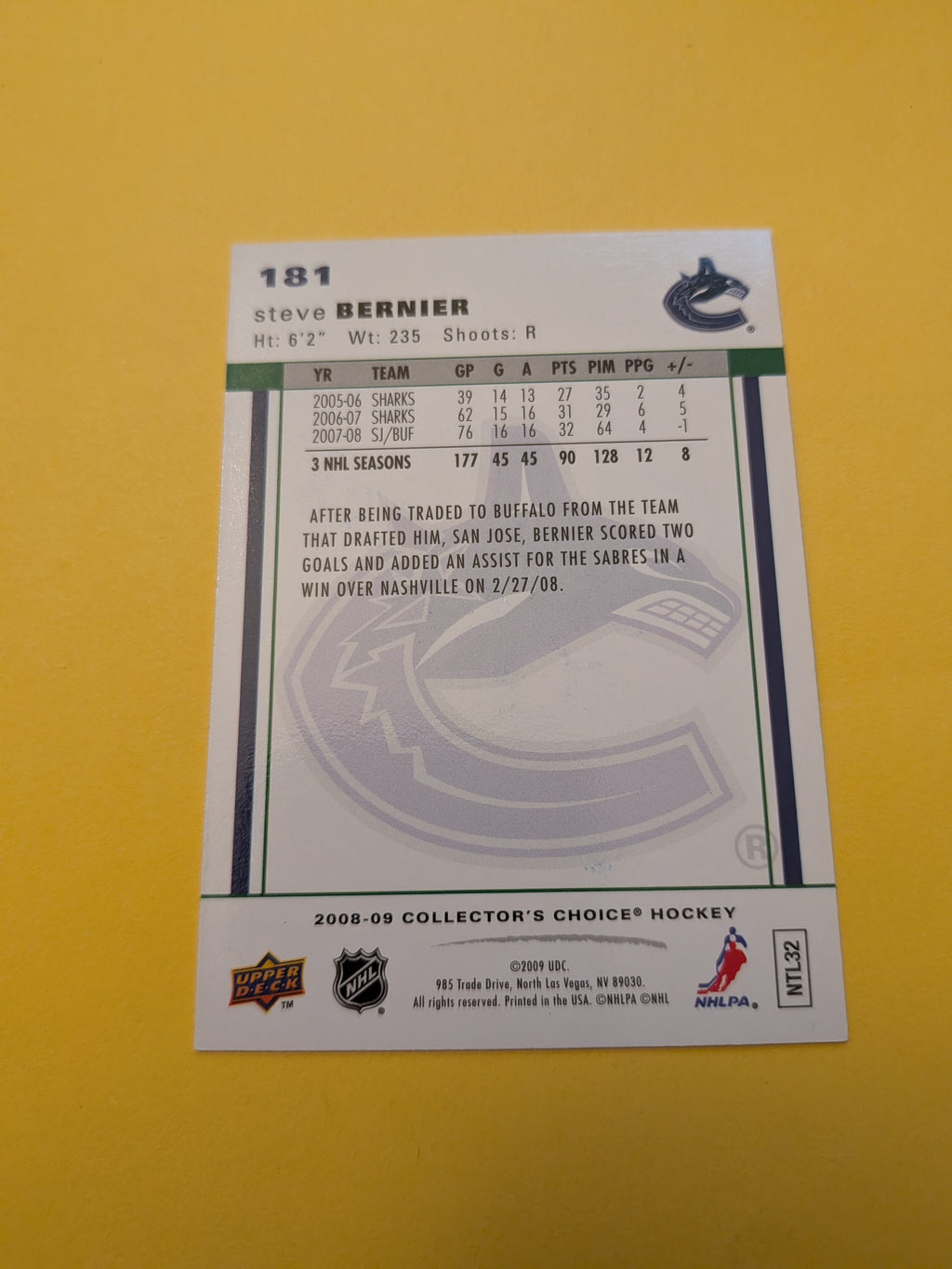 Steve Bernier Signed Vancouver Canucks Card B