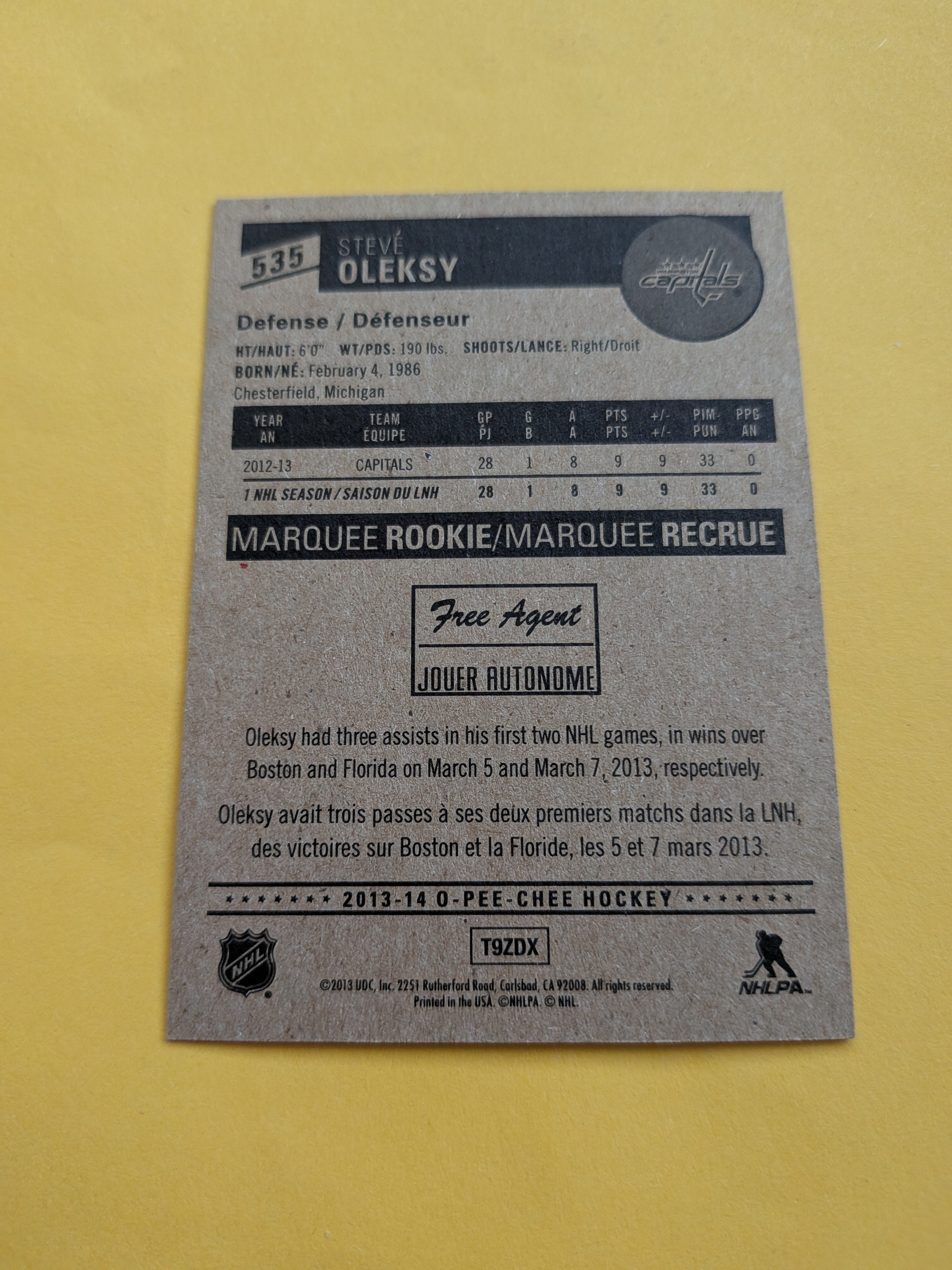 Steve Oleksy Signed Washington Capitals Rookie Card A