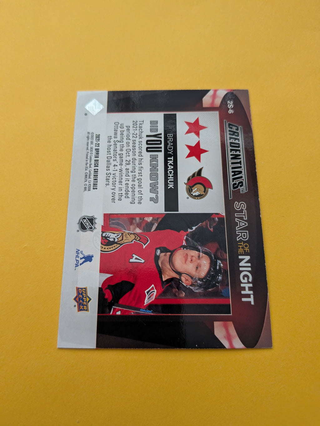 Brady Tkachuk 21-22 Upper Deck Credentials Star Of The Night Card