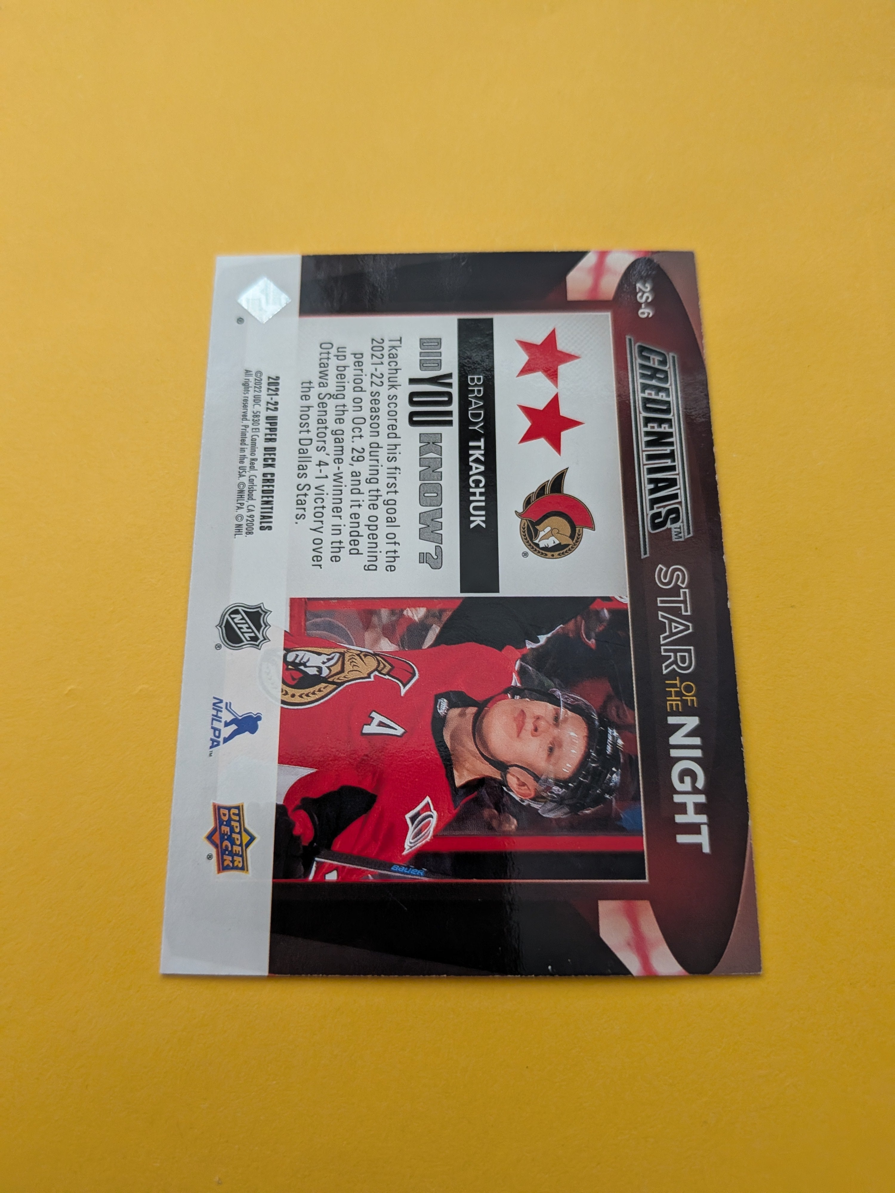 Brady Tkachuk 21-22 Upper Deck Credentials Star Of The Night Card