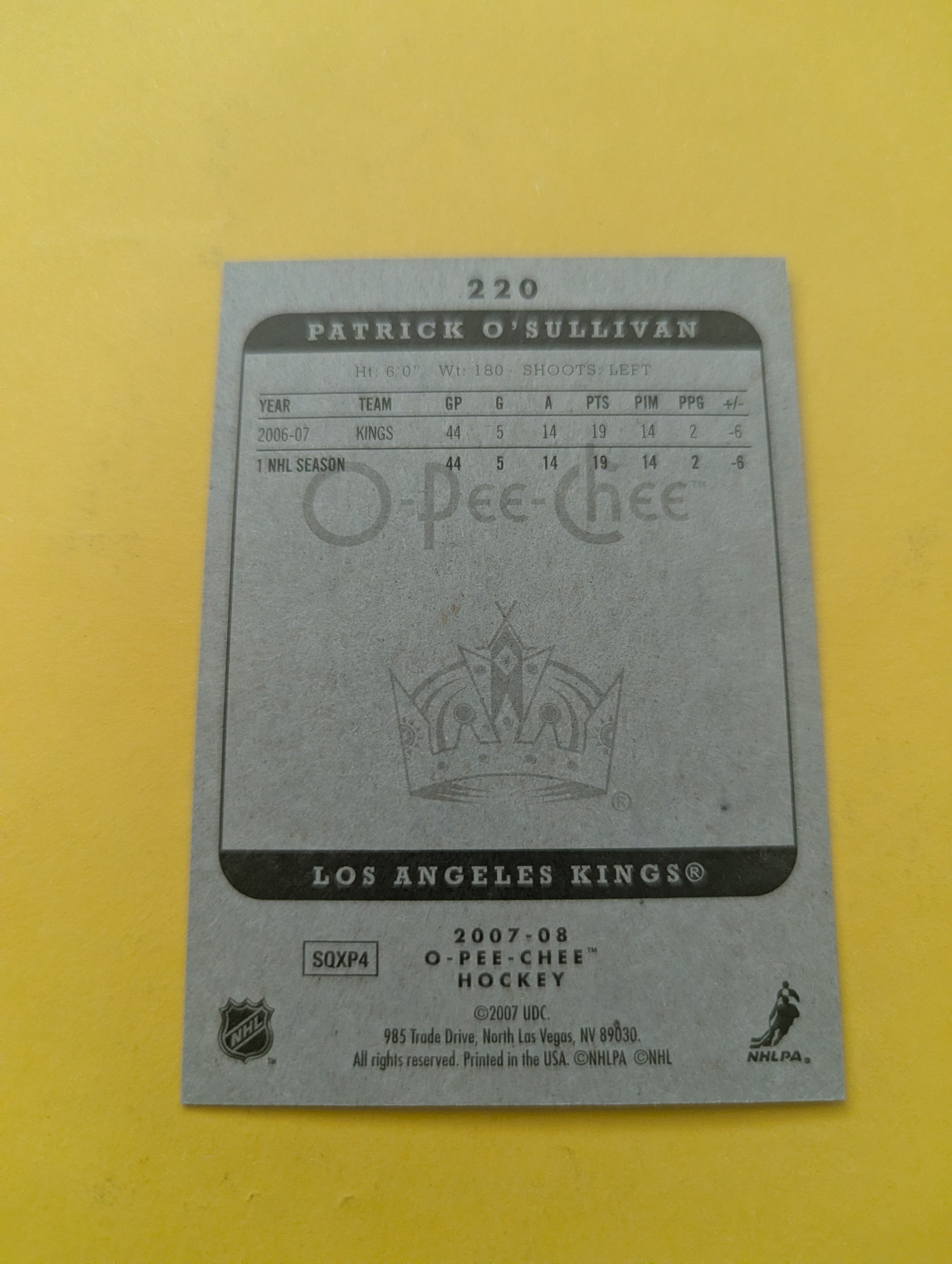 Patrick O'Sullivan Signed Los Angeles Kings Card F