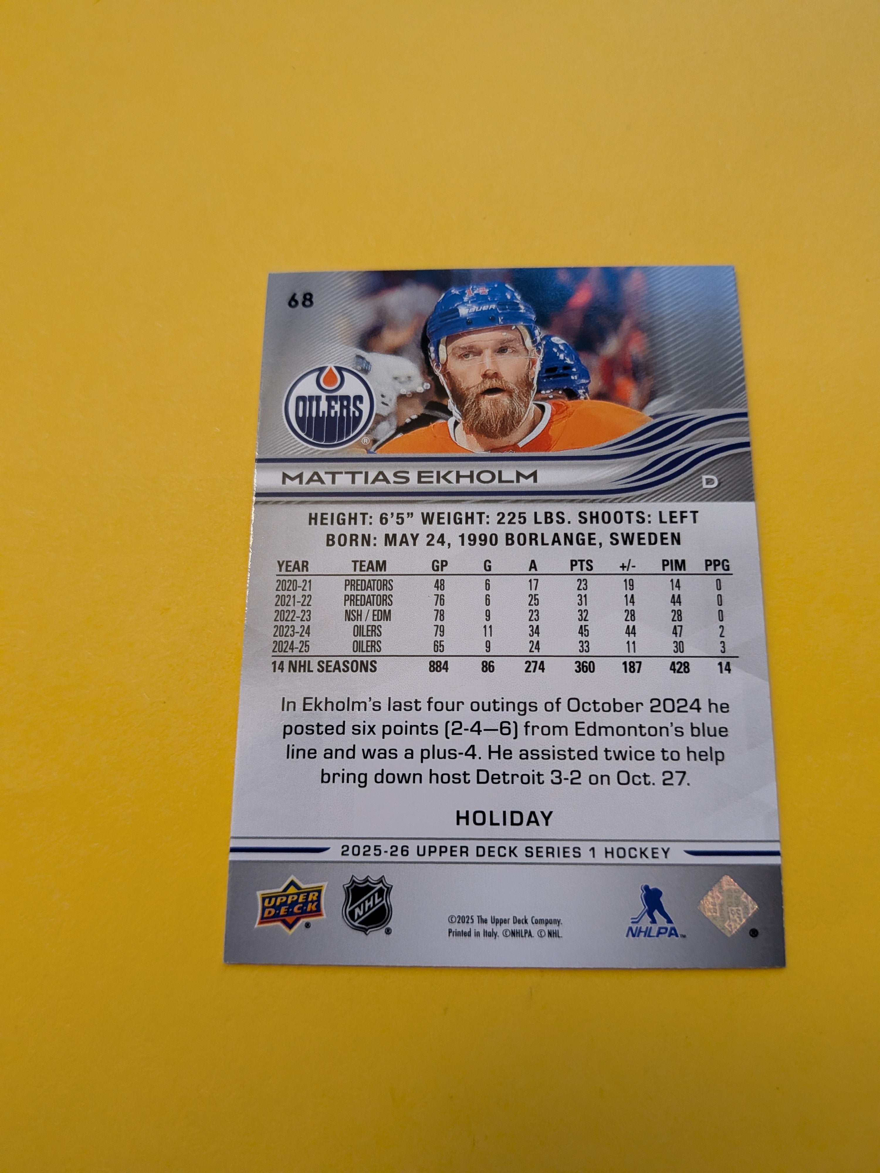 Mattias Ekholm 25-26 Upper Deck Green Holiday Card