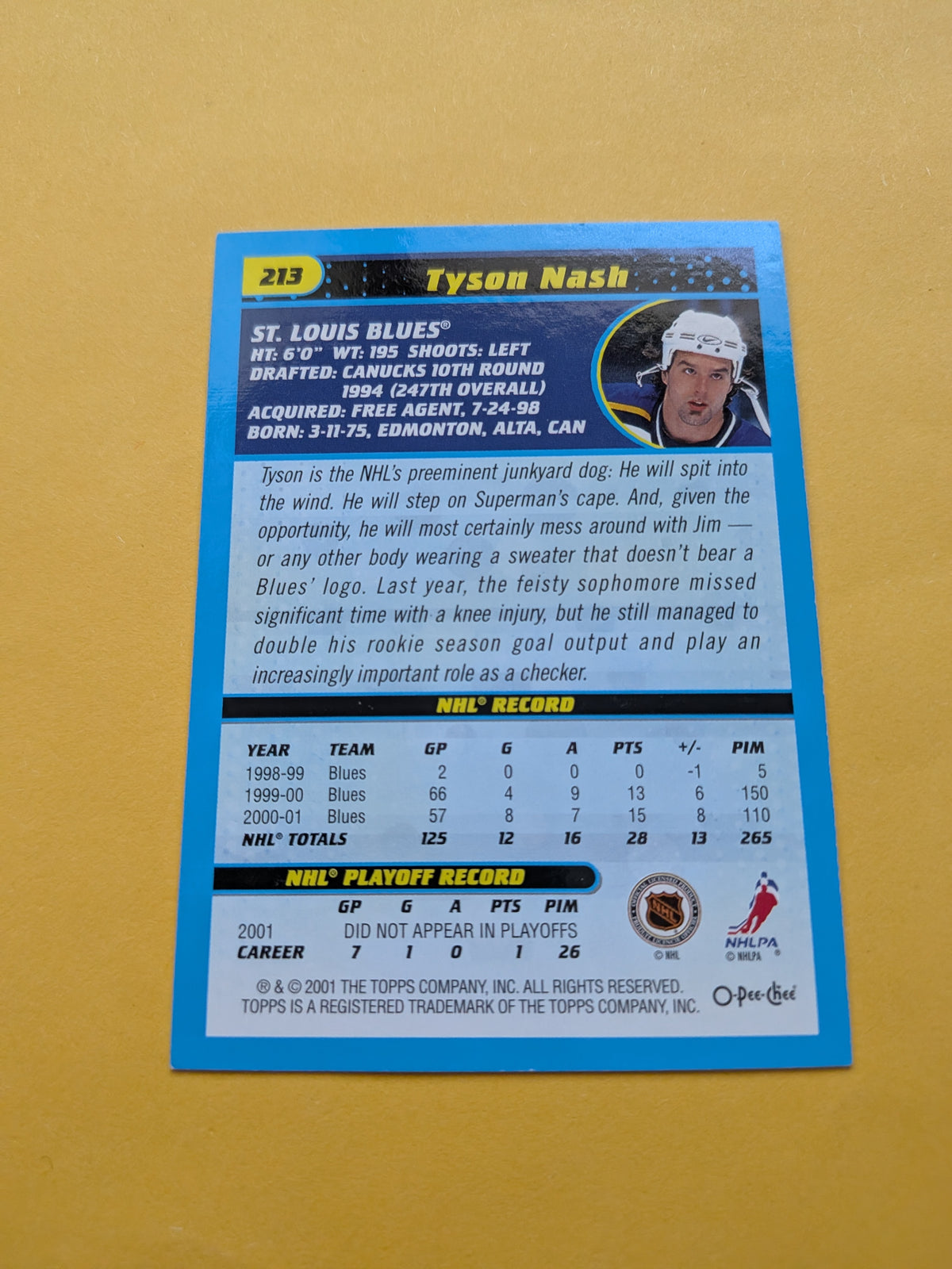 Tyson Nash Signed St. Louis Blues Card A