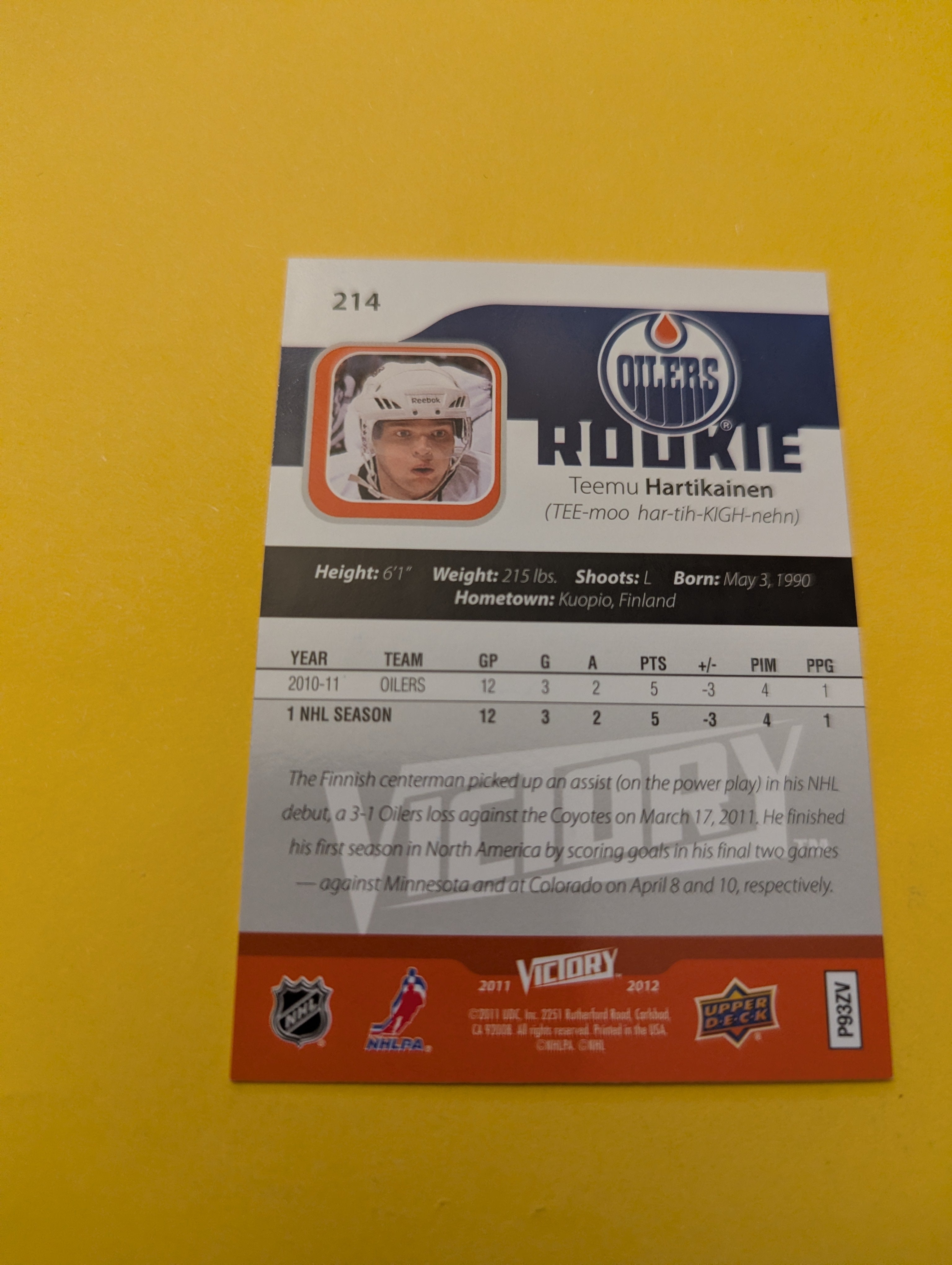 Teemu Hartikainen Signed Edmonton Oilers Rookie Card