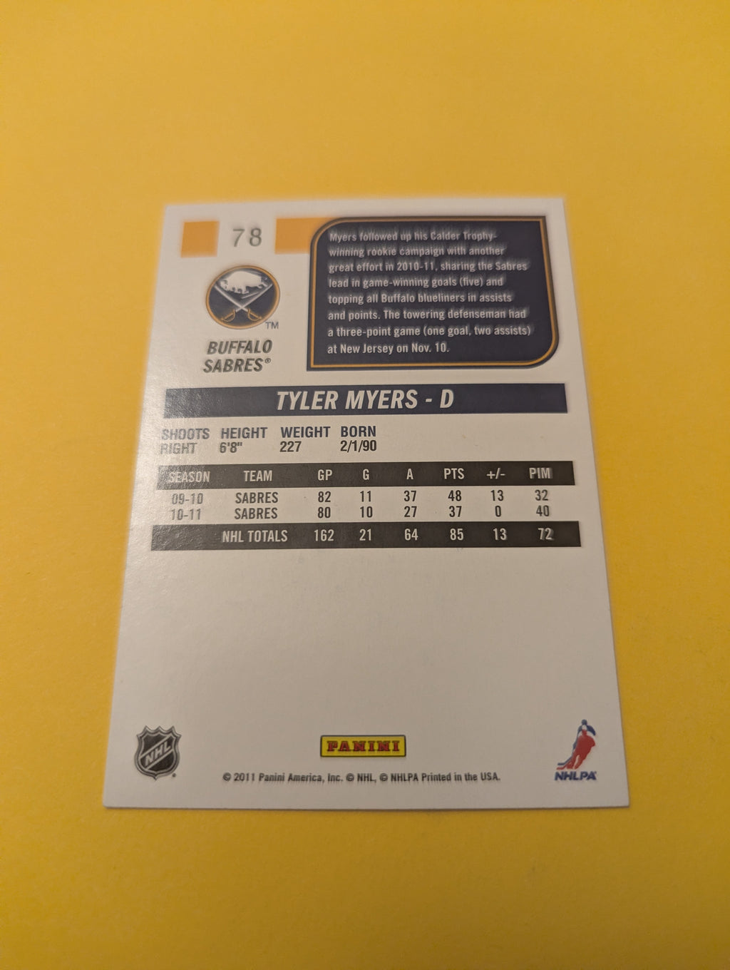 Tyler Myers Signed Buffalo Sabres Card