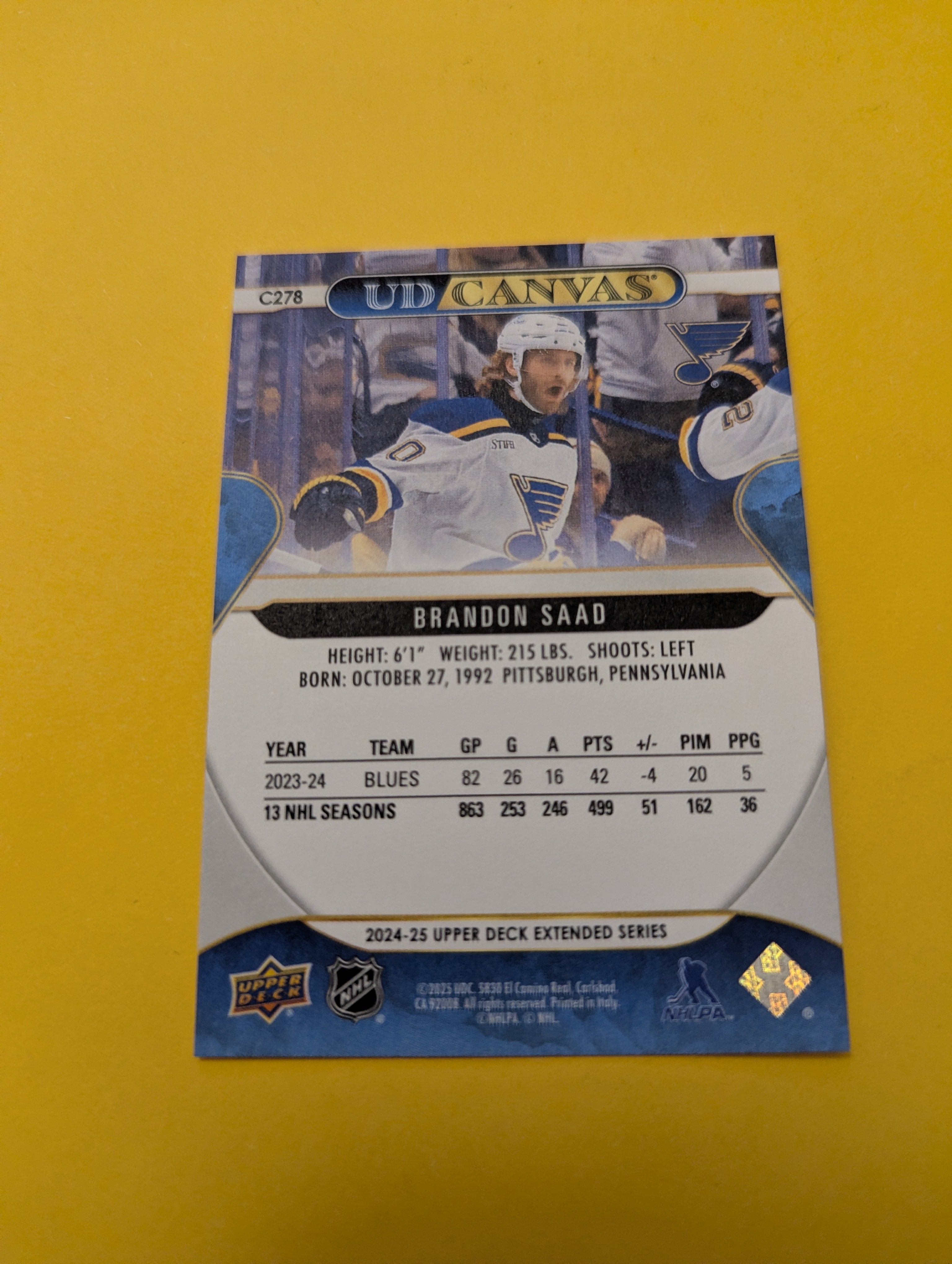 Brandon Saad 24-25 Upper Deck UD Canvas Card