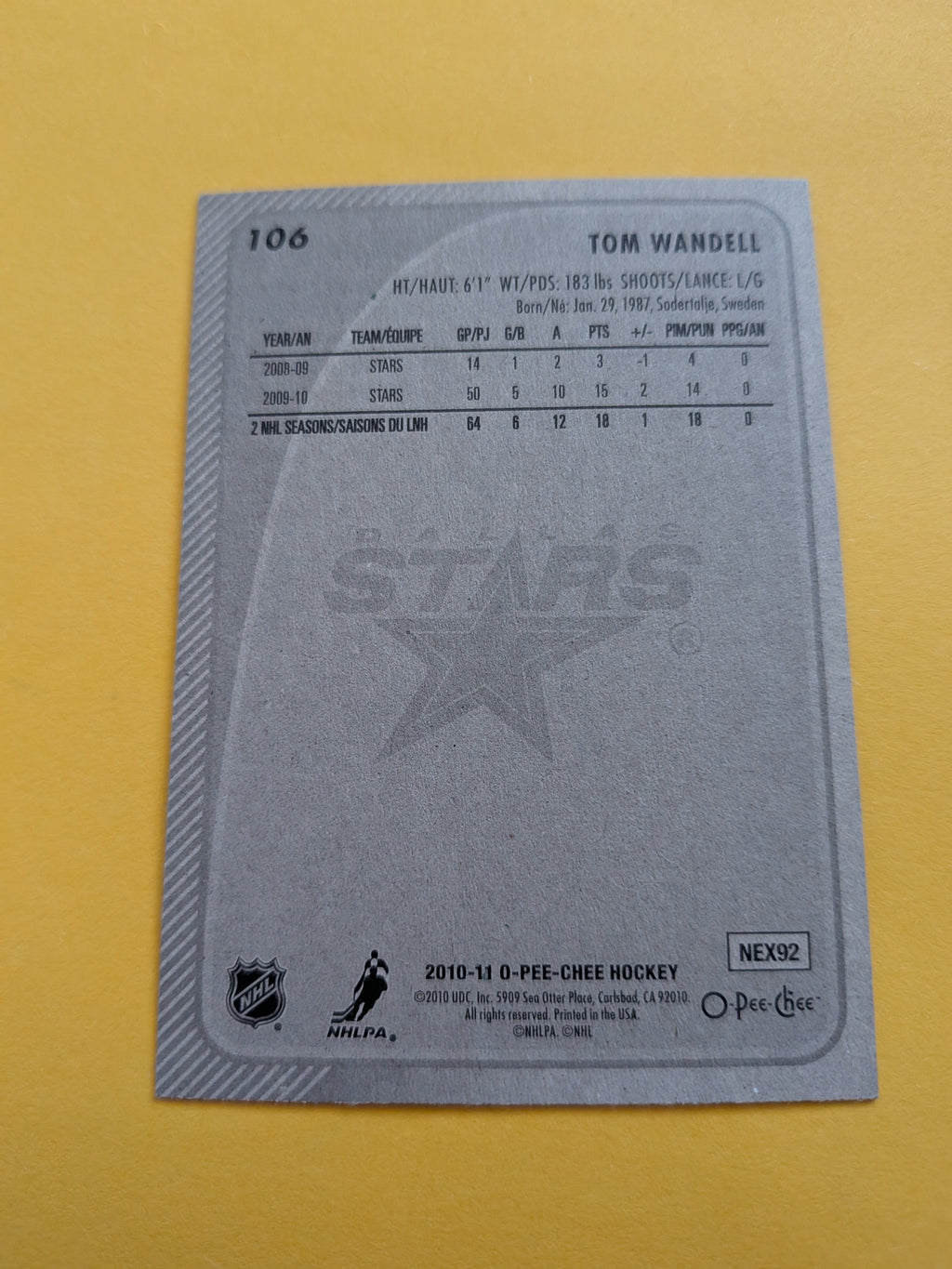 Tom Wandell Signed Dallas Stars Card B