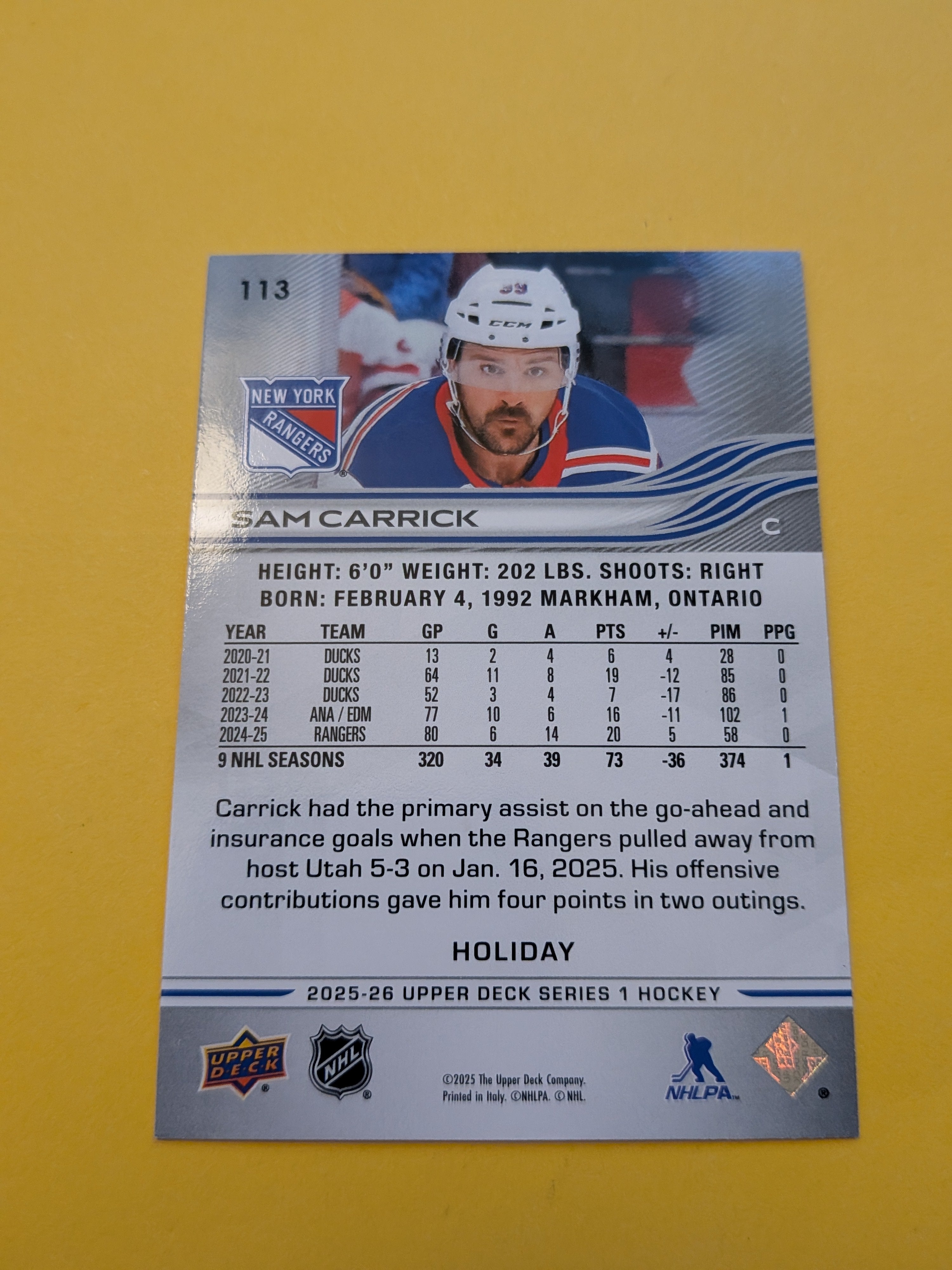 Sam Carrick 25-26 Upper Deck Green Holiday Card