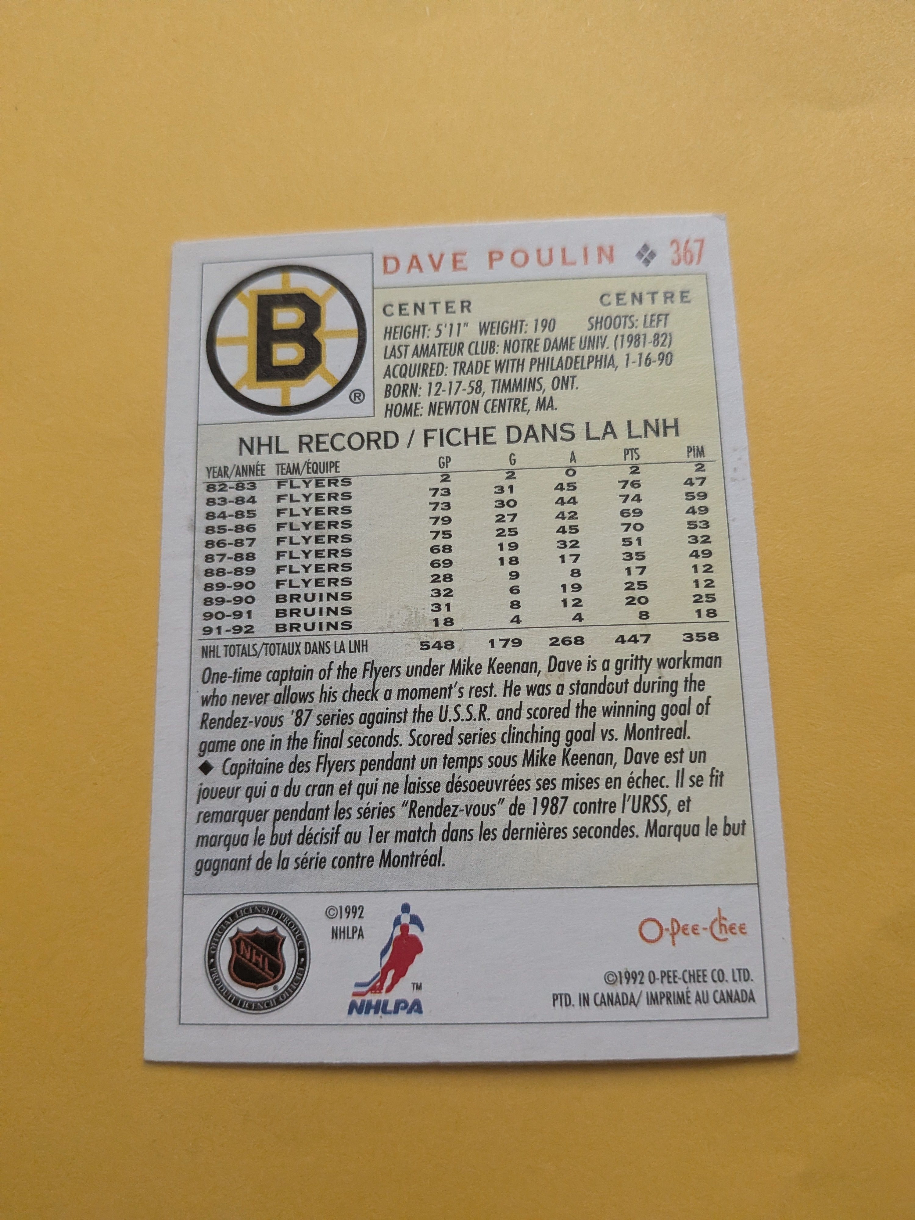 Dave Poulin Signed Boston Bruins Card G