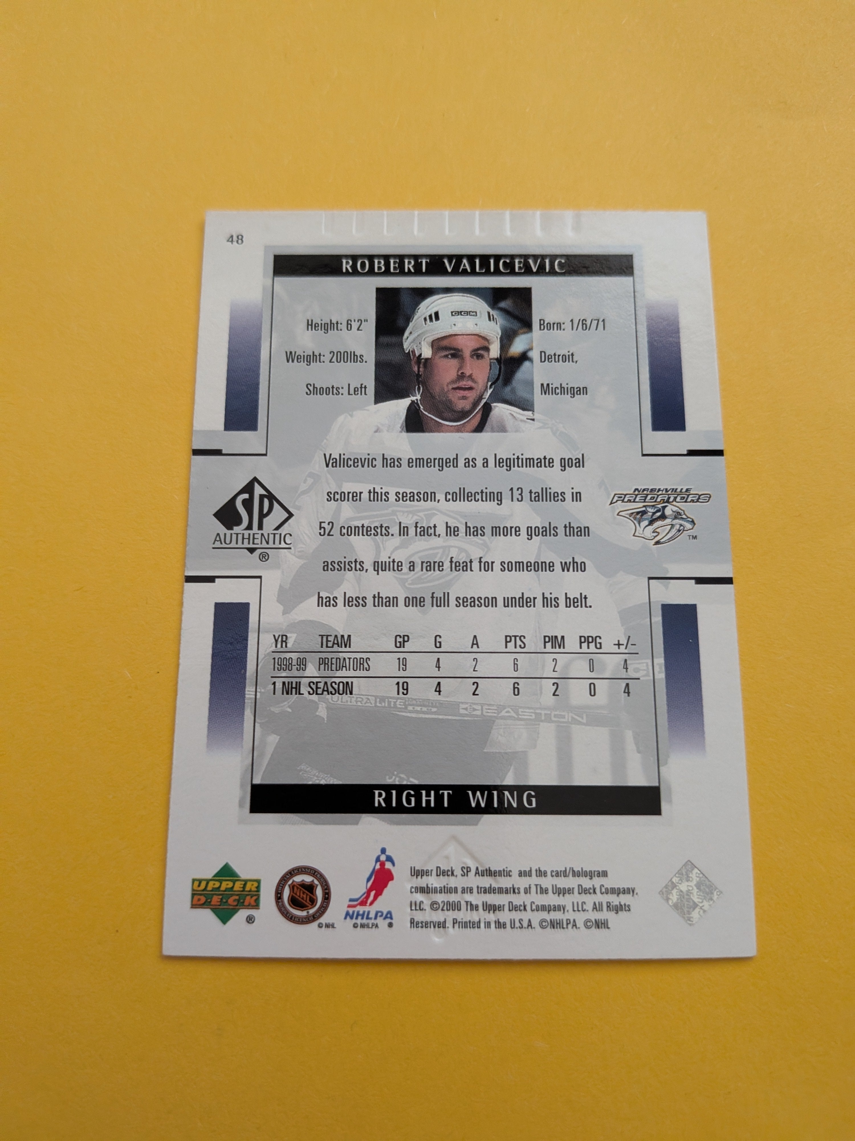 Rob Valicevic Signed Nashville Predators Card
