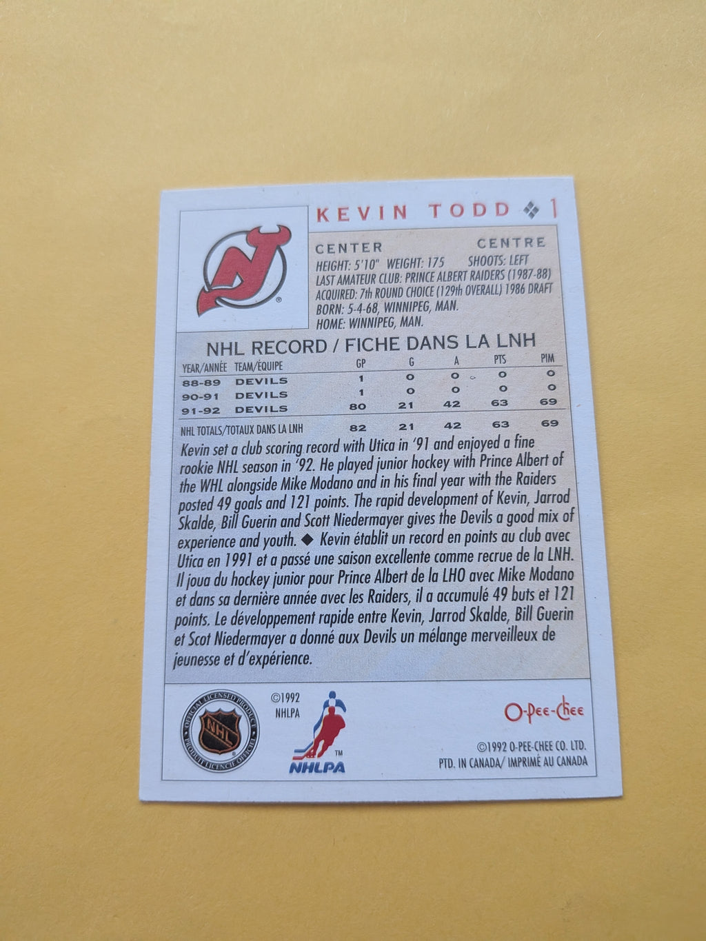 Kevin Todd Signed New Jersey Devils Card B
