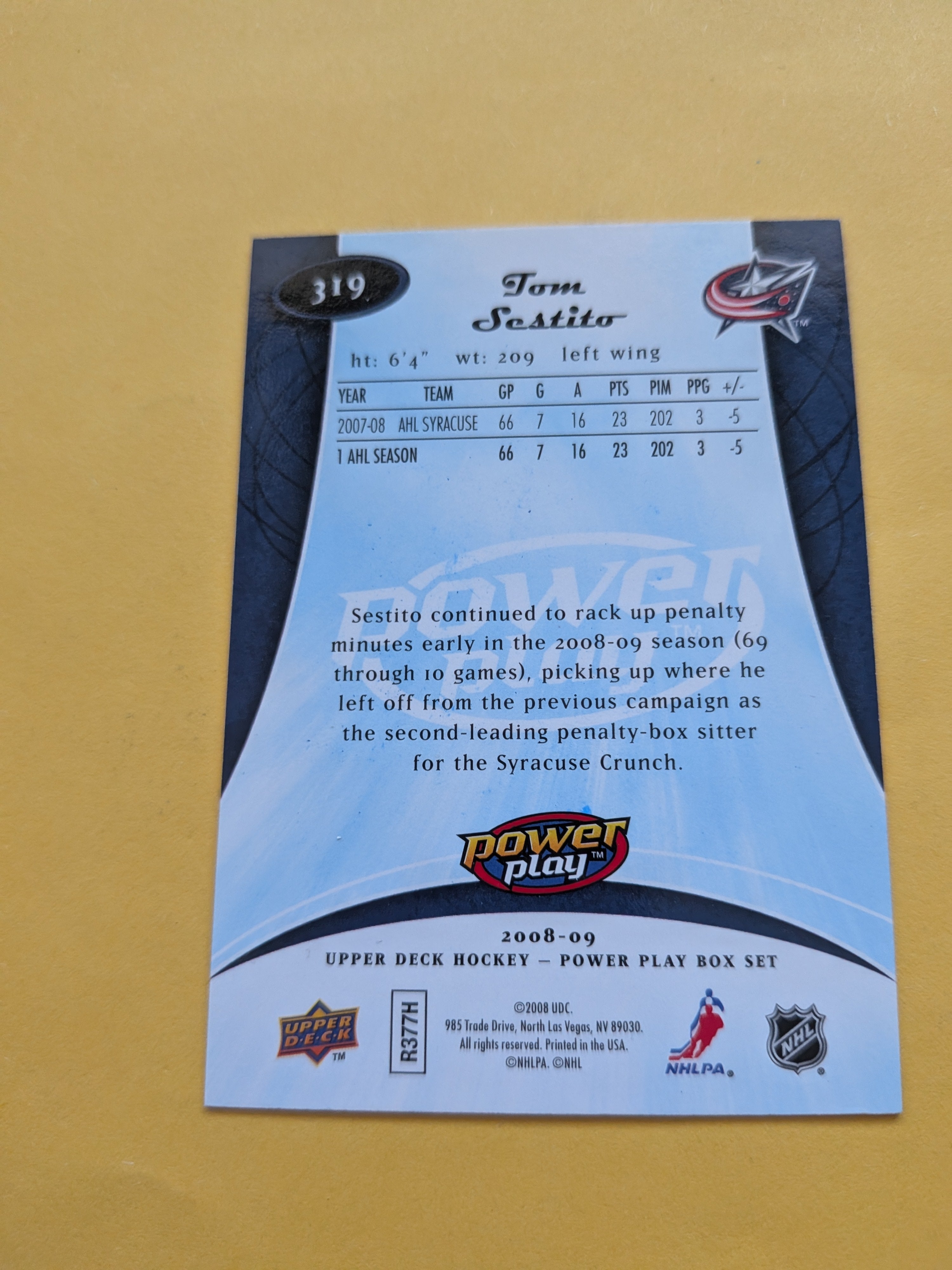 Tom Sestito Signed Columbus Blue Jackets Rookie Card C