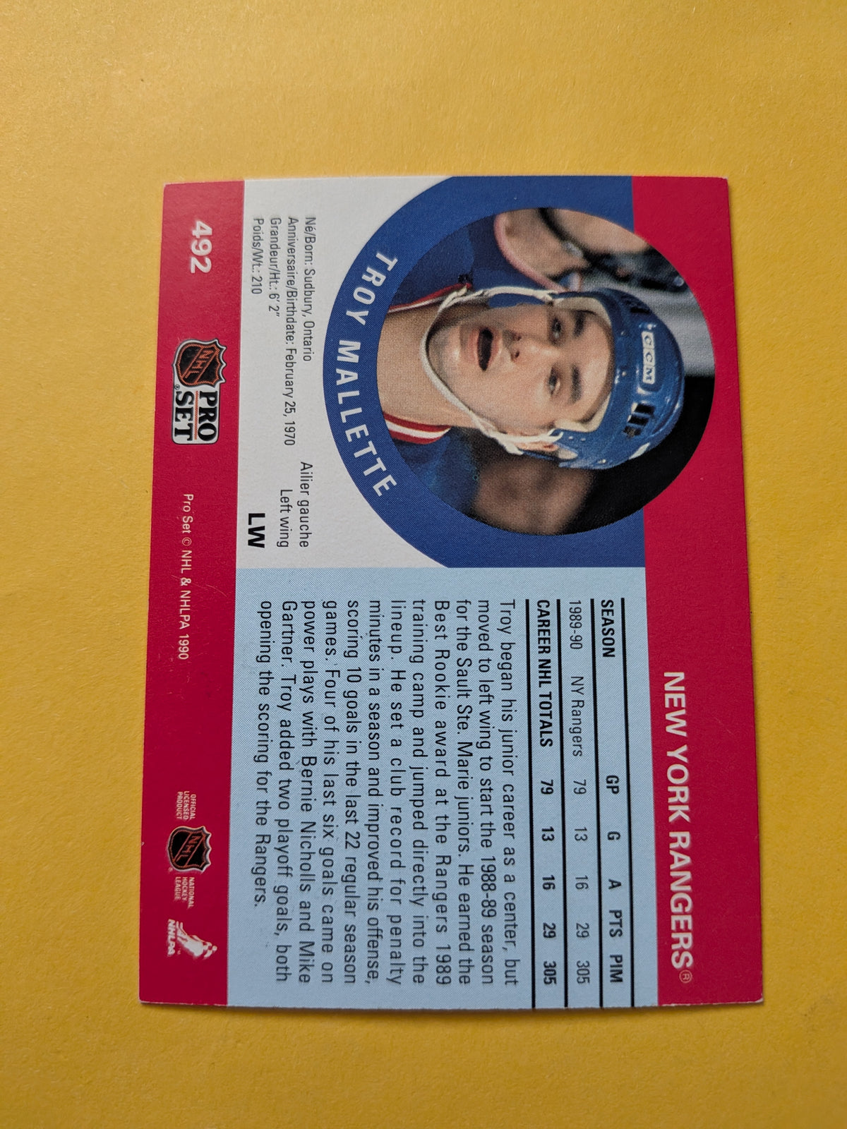 Troy Mallette Signed New York Rangers Card D