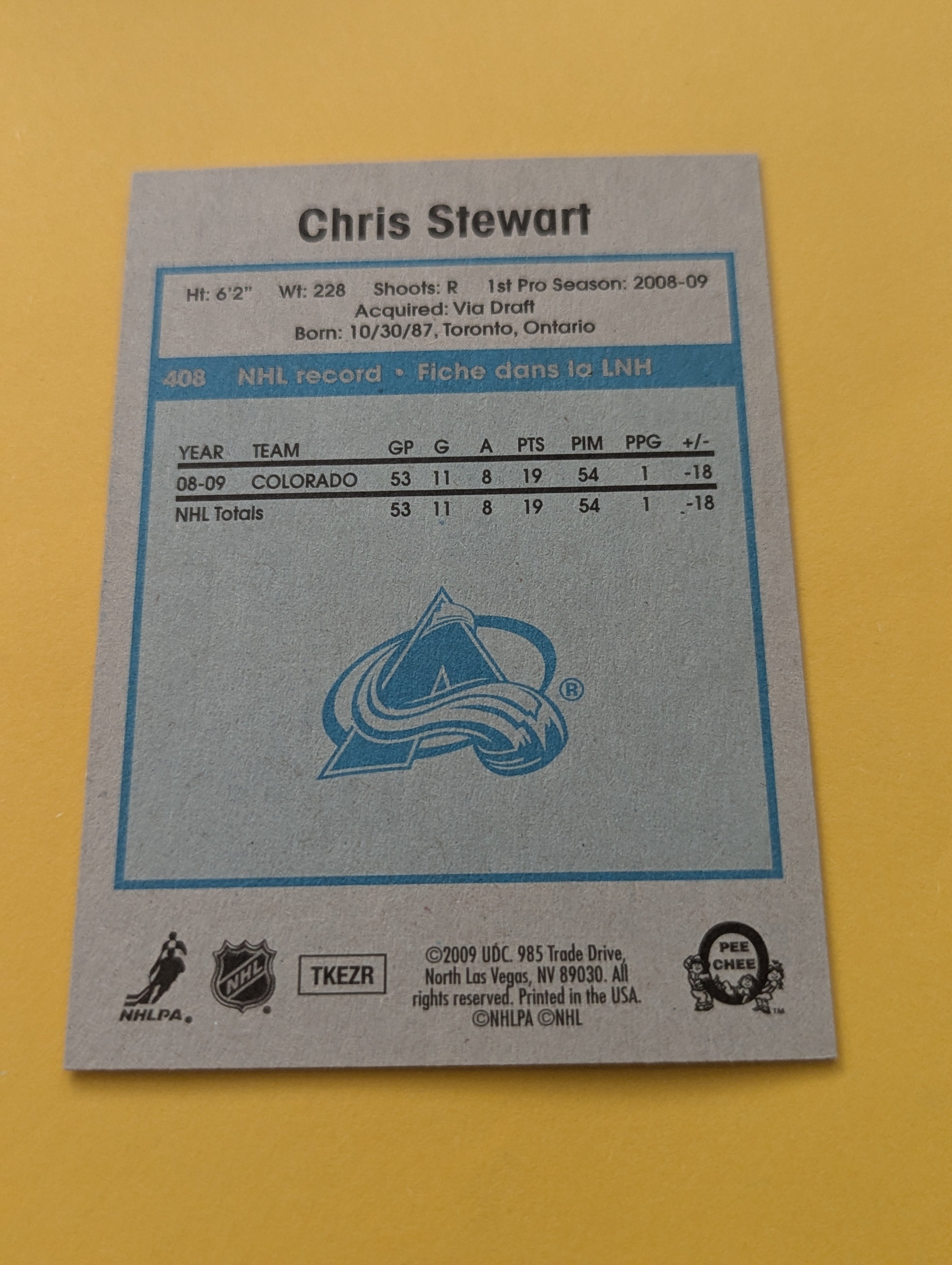 Chris Stewart Signed Colorado Avalanche Card