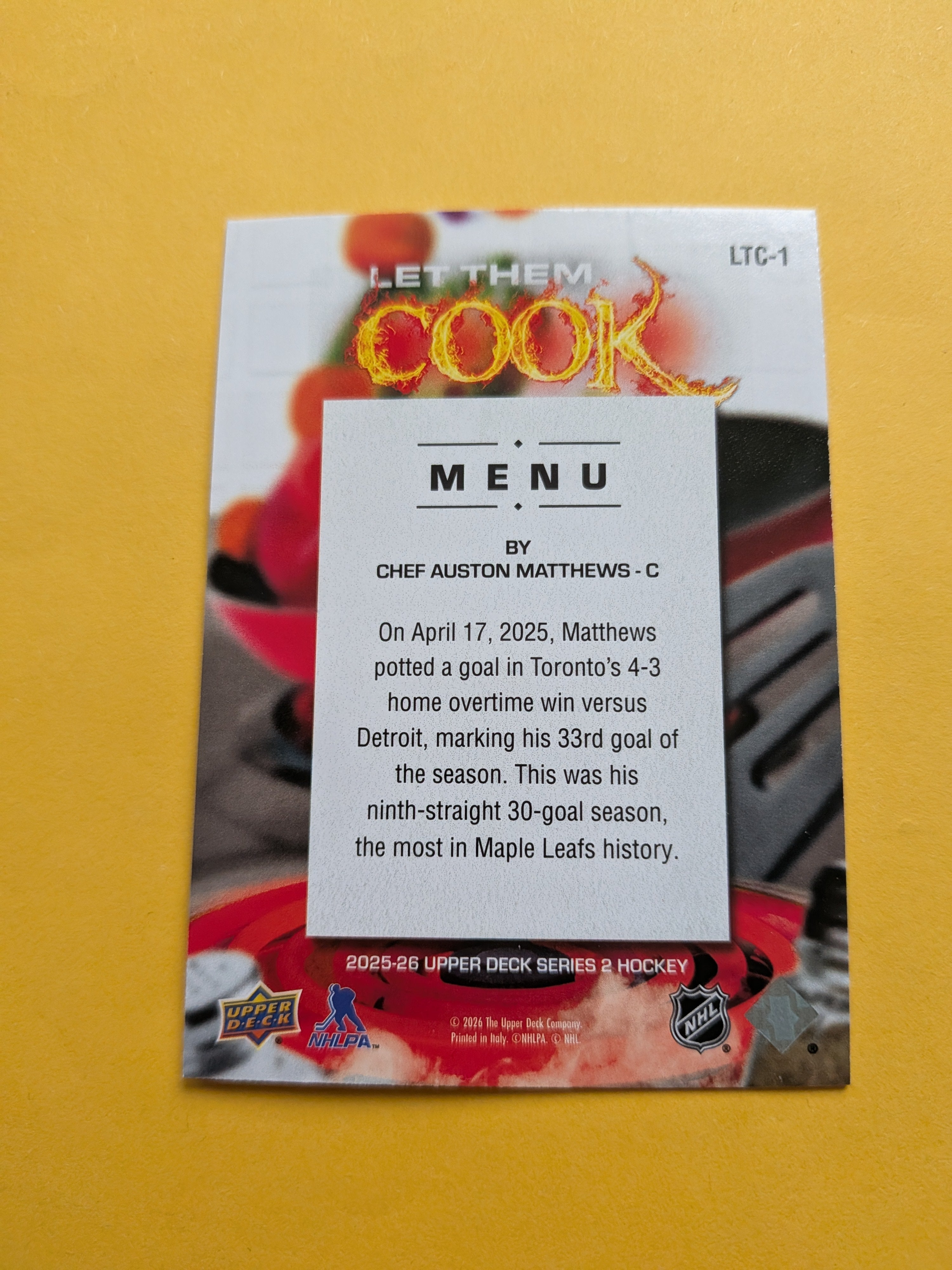 Auston Matthews 25-26 Upper Deck Let Them Cook Card