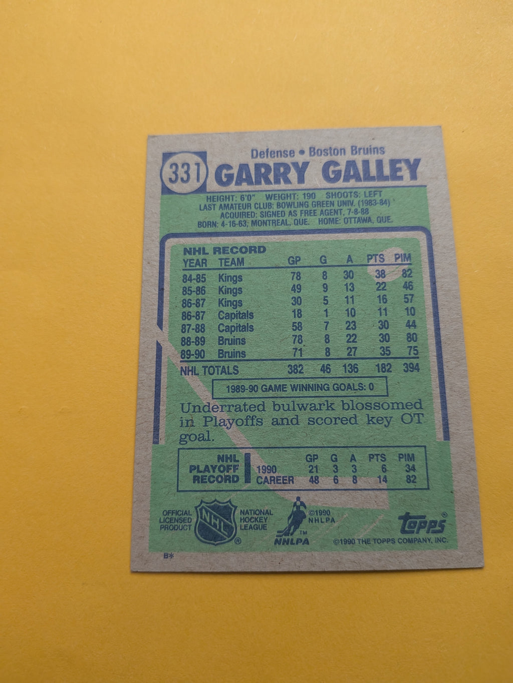 Garry Galley Signed Boston Bruins Card B
