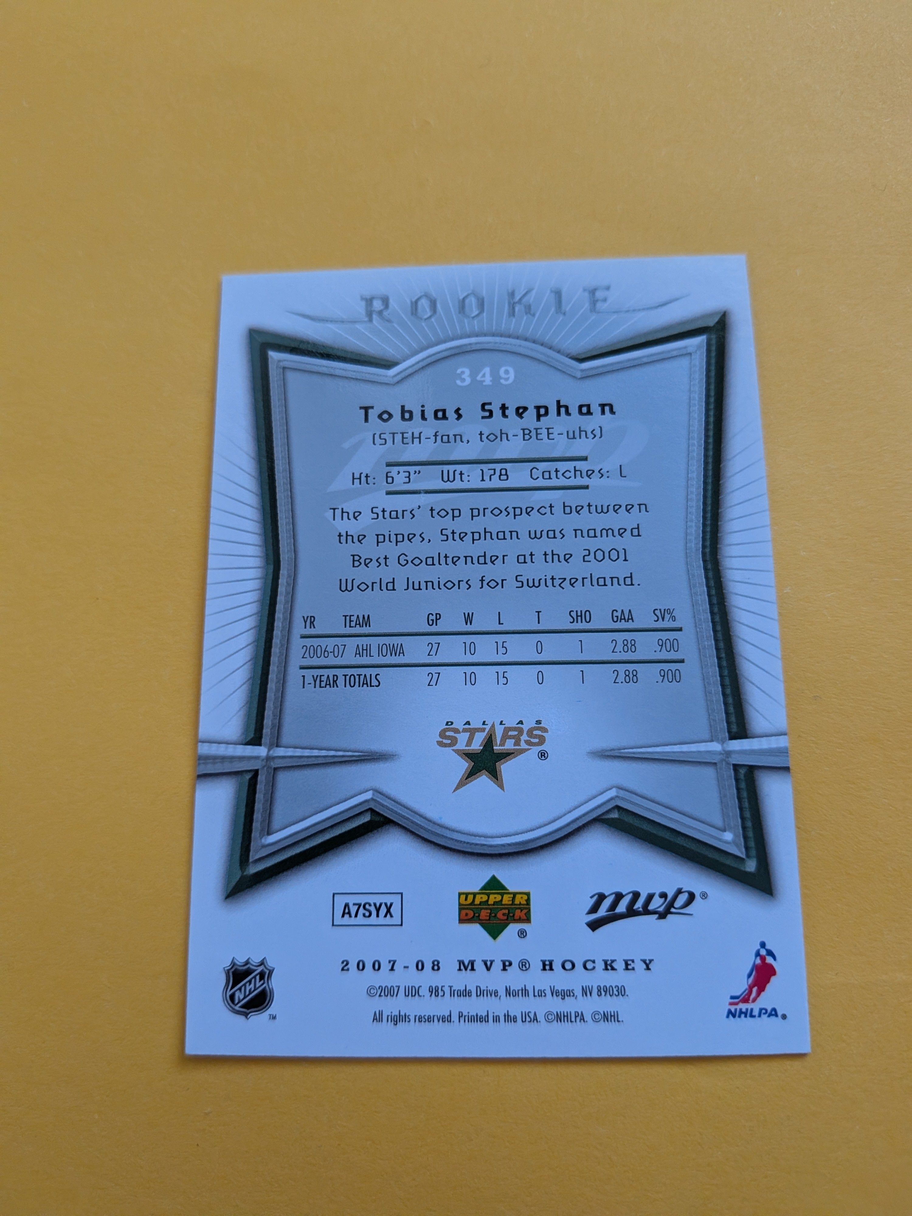 Tobias Stephan Signed Dallas Stars Rookie Card B