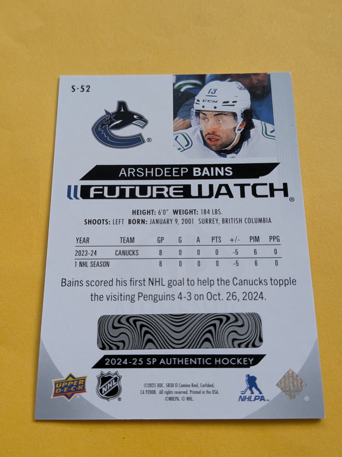 Arshdeep Bains Signed Vancouver Canucks Card