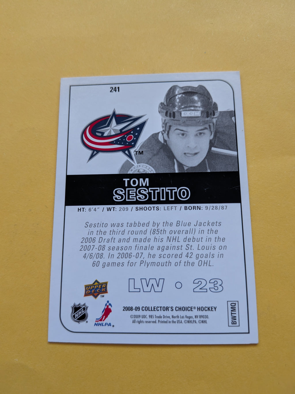 Tom Sestito Signed Columbus Blue Jackets Rookie Card B