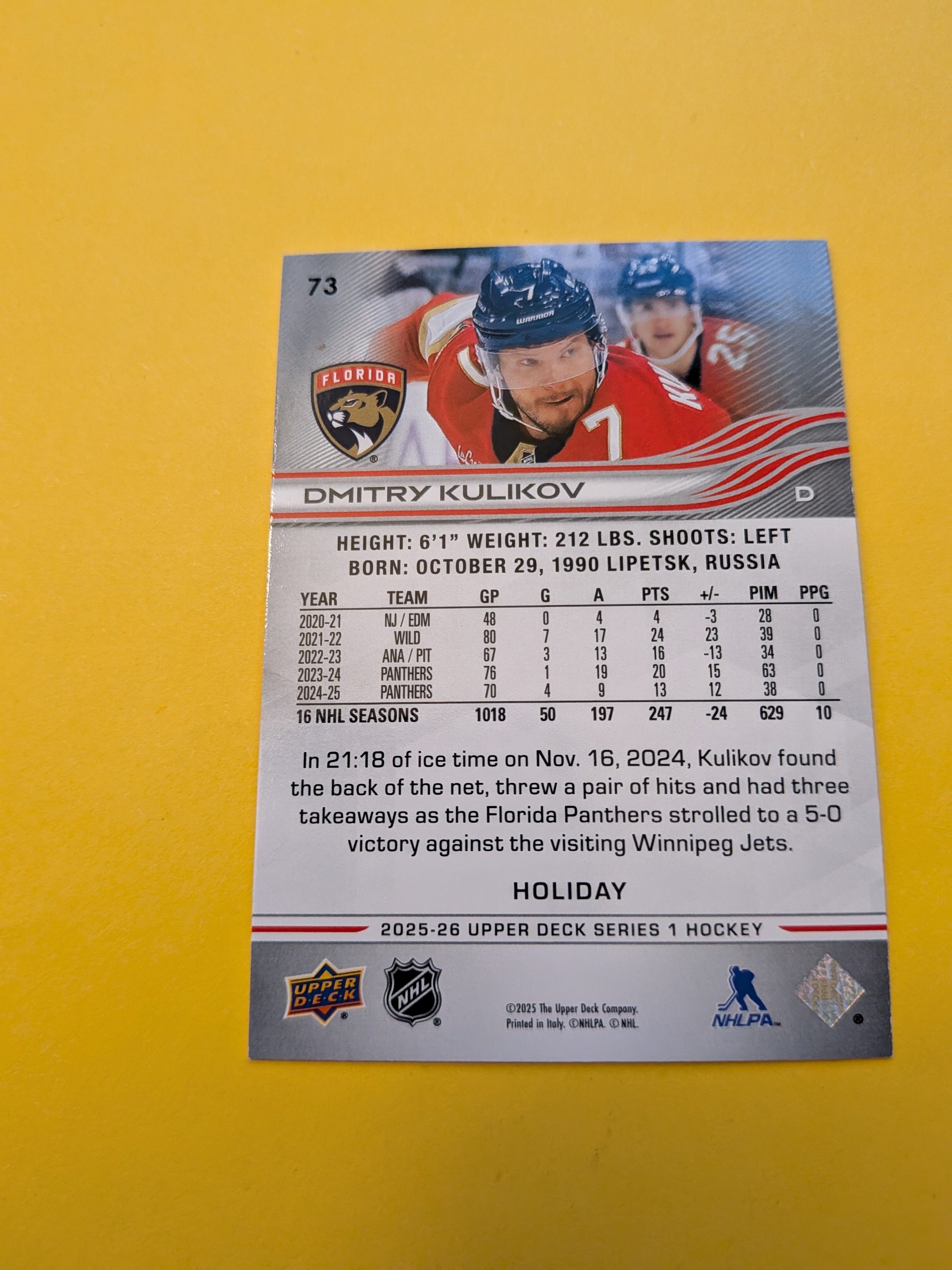 Dmitry Kulikov 25-26 Upper Deck Green Holiday Card