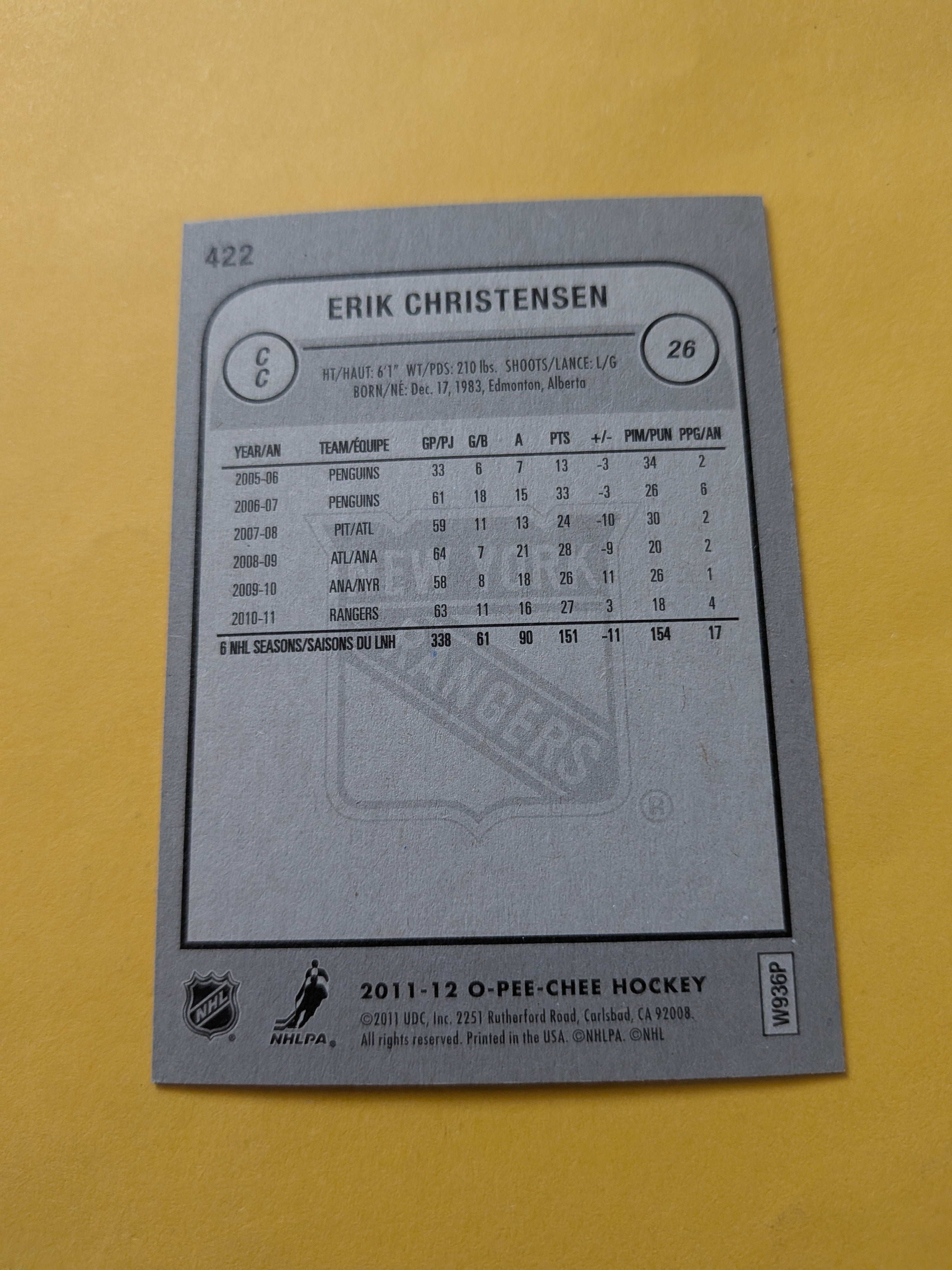 Erik Christensen Signed New York Rangers Card A