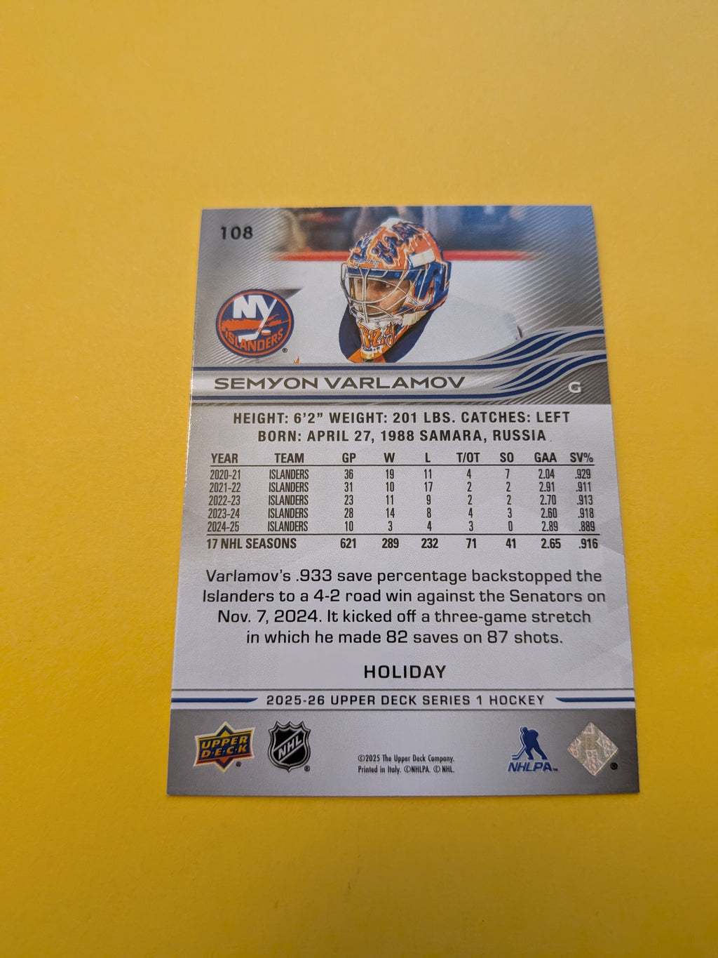 Semyon Varlamov 25-26 Upper Deck Green Holiday Card