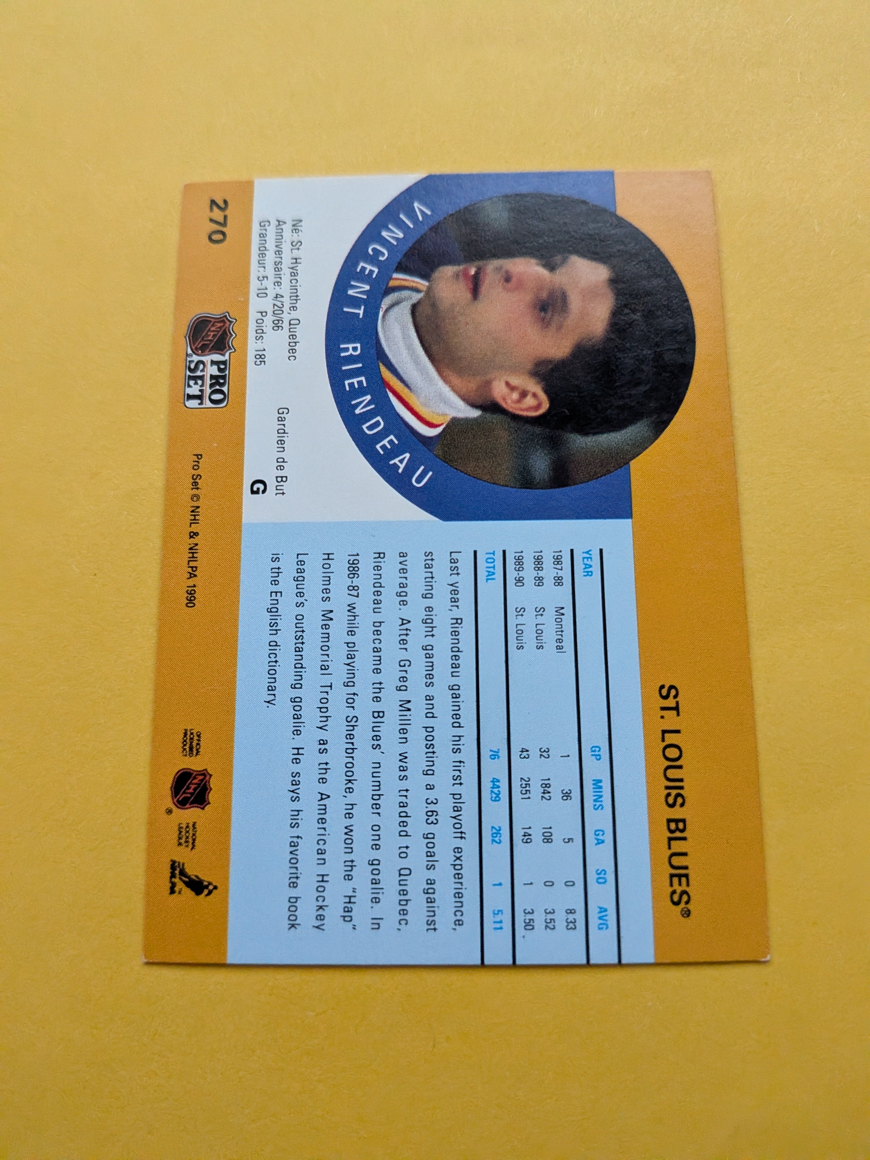 Vincent Riendeau Signed St. Louis Blues Card G