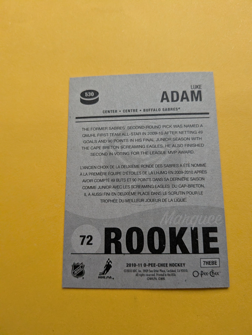 Luke Adam Signed Buffalo Sabres Rookie Card B