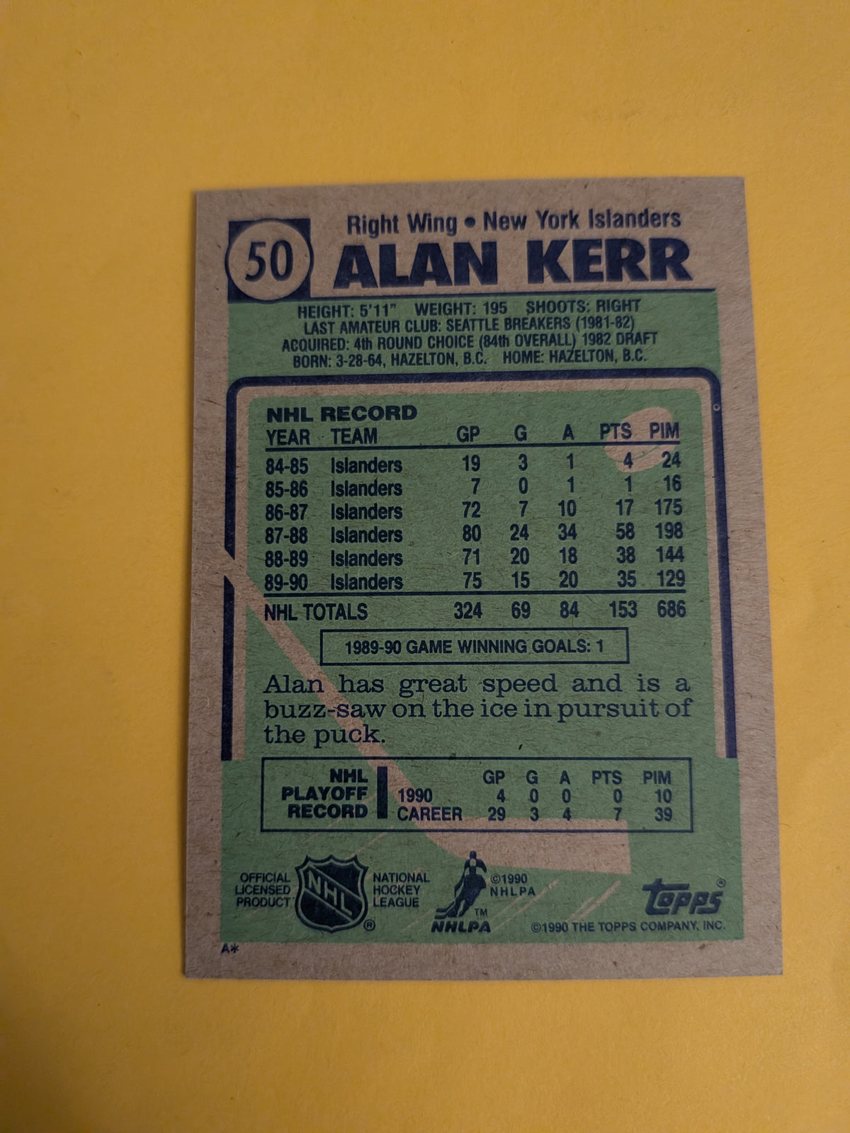 Alan Kerr Signed New York Islanders Card B