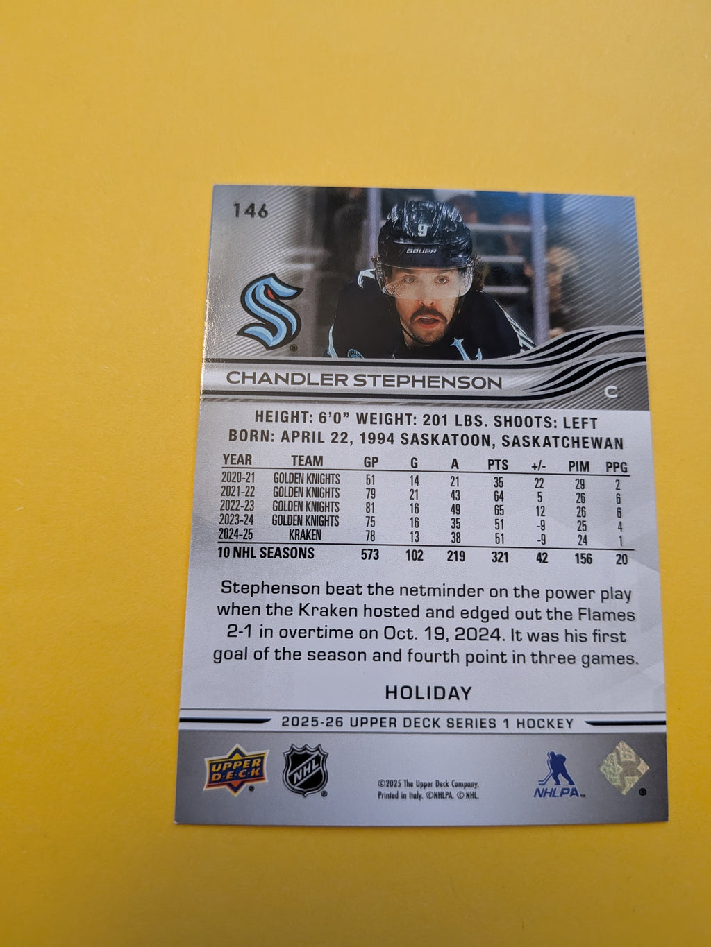 Chandler Stephenson 25-26 Upper Deck Green Holiday Card