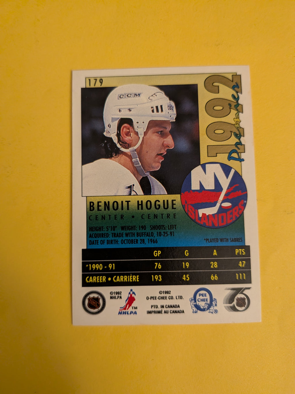 Benoit Hogue Signed New York Islanders Card C