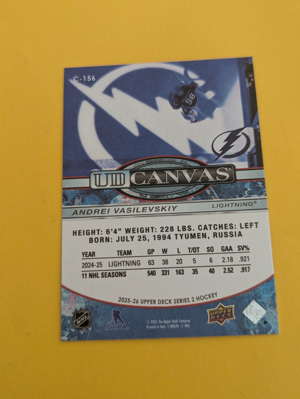 Andrei Vasilevskiy 25-26 Upper Deck UD Canvas Card