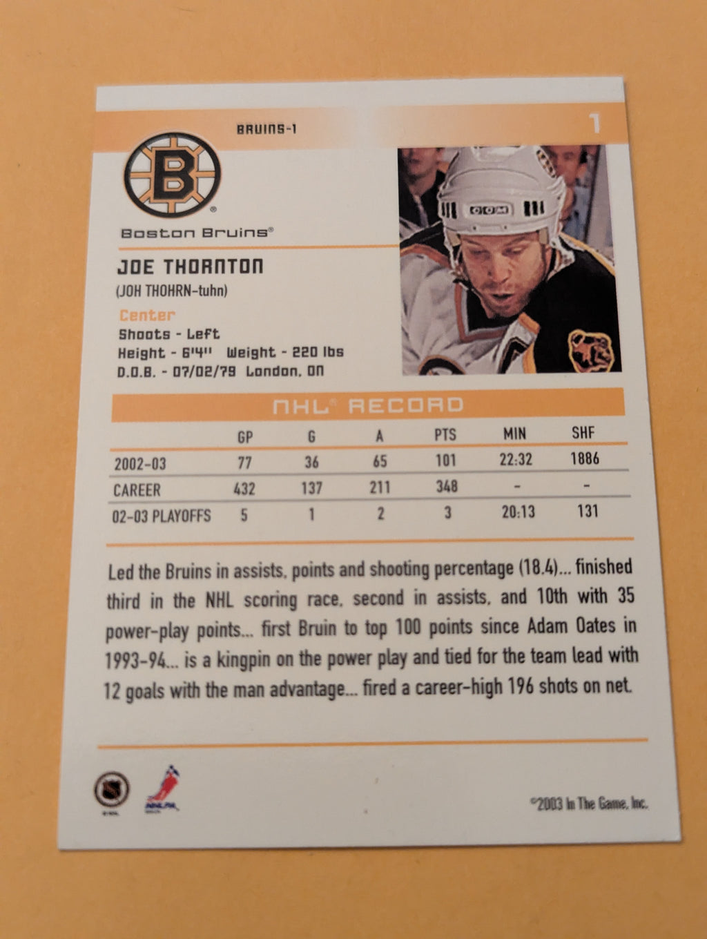 Joe Thornton Signed Boston Bruins Card